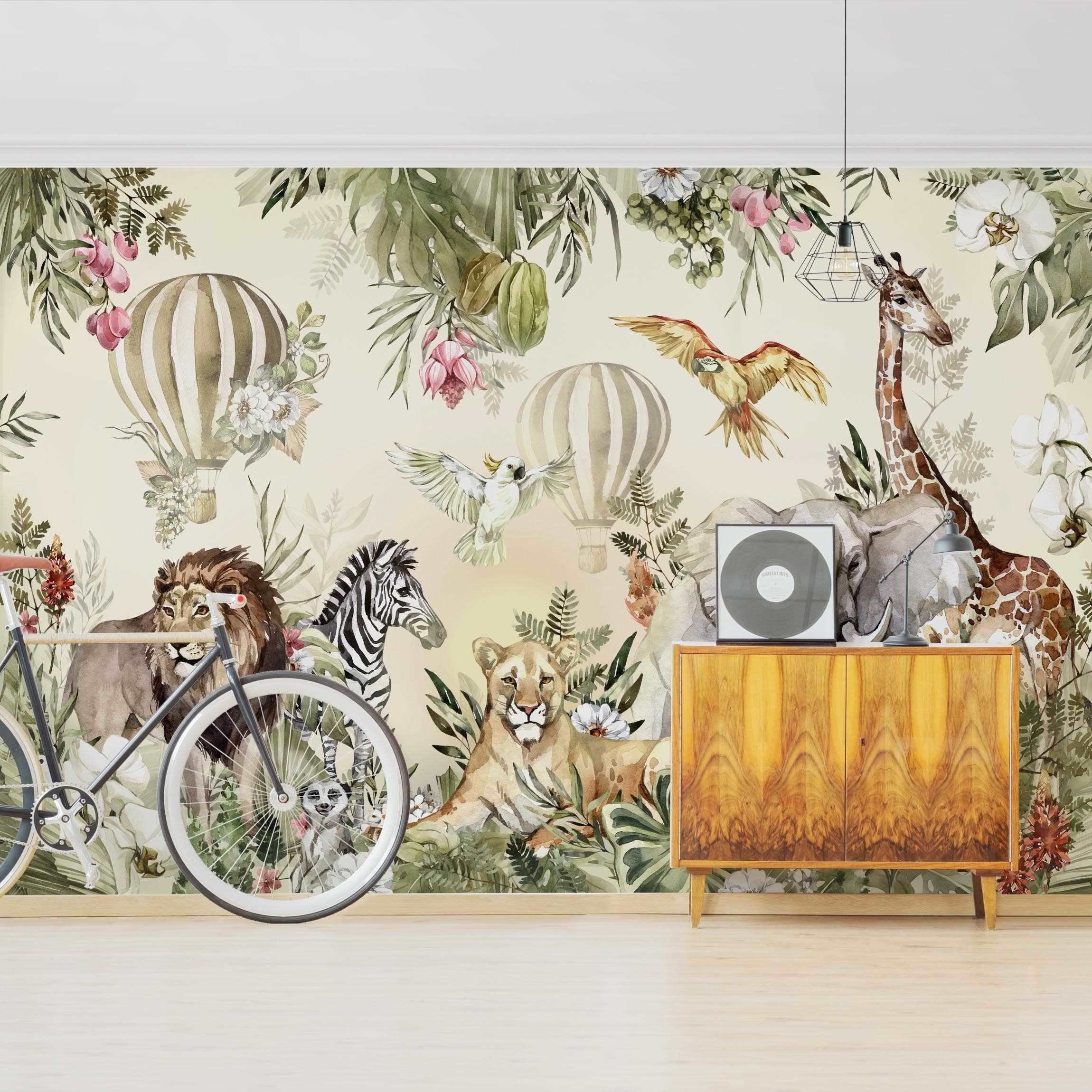 Bilderdepot24 Kindertapete Kinderzimmer Aquarell Tiere Ballon Dschungel Kinder Wanddeko, Glatt, Matt, (Inklusive Gratis-Kleister oder selbstklebend), Mädchenzimmer Jungenzimmer Babyzimmer Bildtapete Fototapete Wandtapete