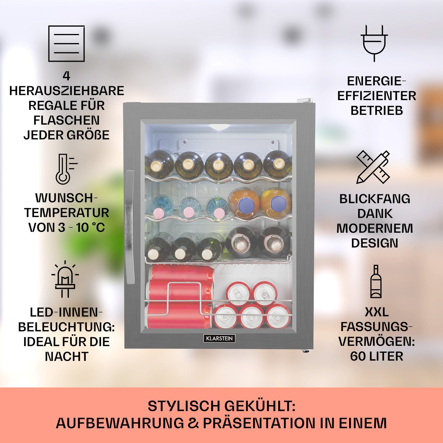 Klarstein Getränkekühlschrank HEA-Beersafe XL WSS 10034892A, 63 cm hoch, 47 cm breit, Bier Hausbar Getränkekühlschrank Flaschenkühlschrank Glastür