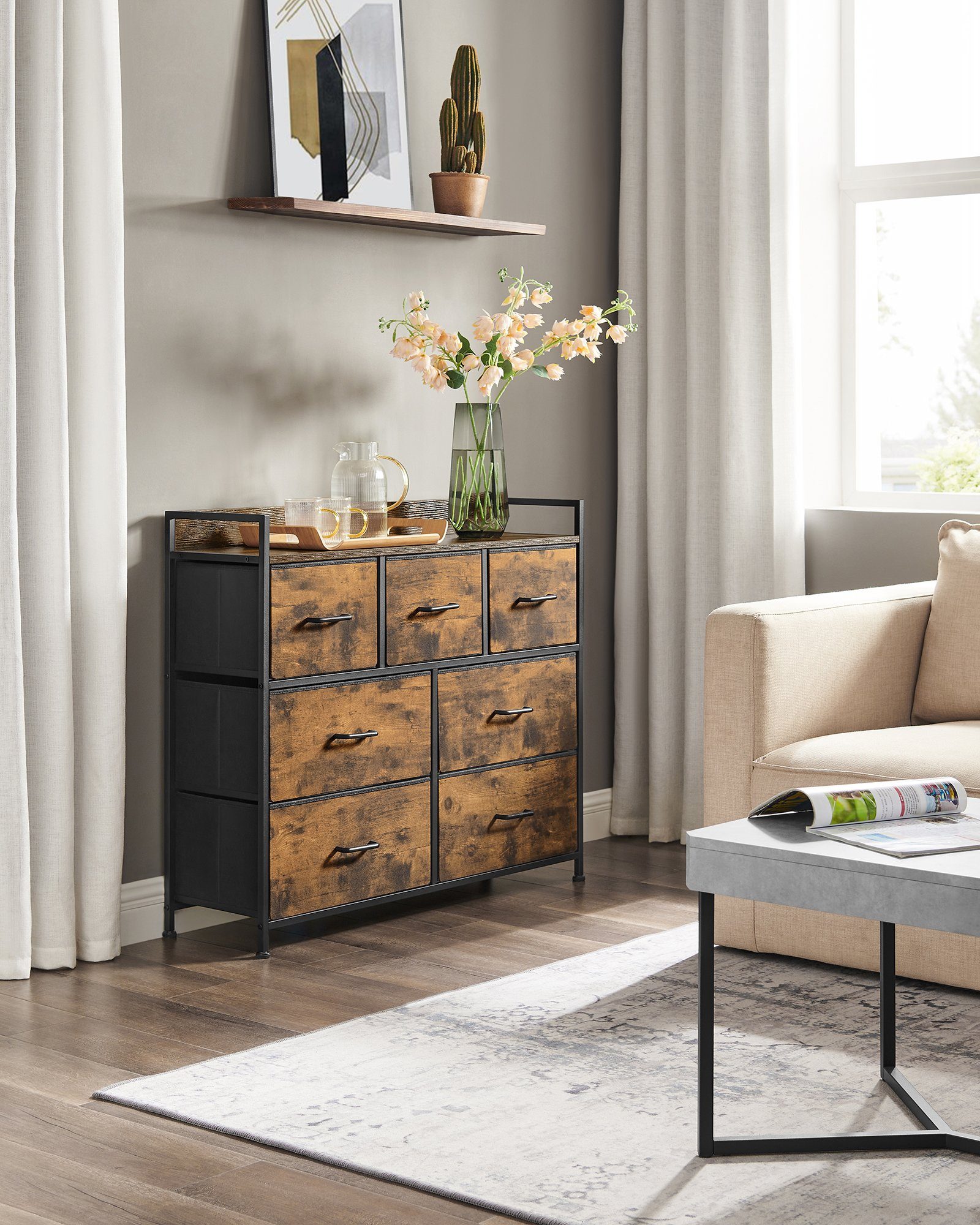 SONGMICS Kommode, 7 Stoffschubladen, Metallgestell, Industrie-Design