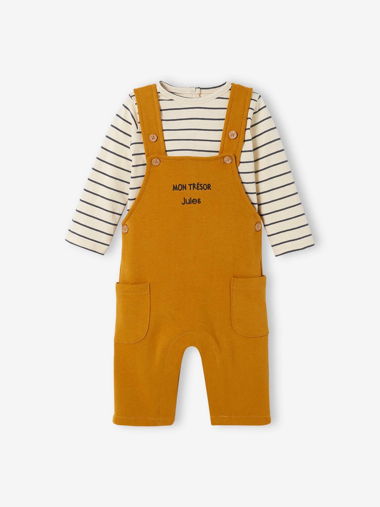 Vertbaudet Baby Set MON TRÉSOR: Shirt & Latzhose, personalisierbar Oeko-Tex - graublau