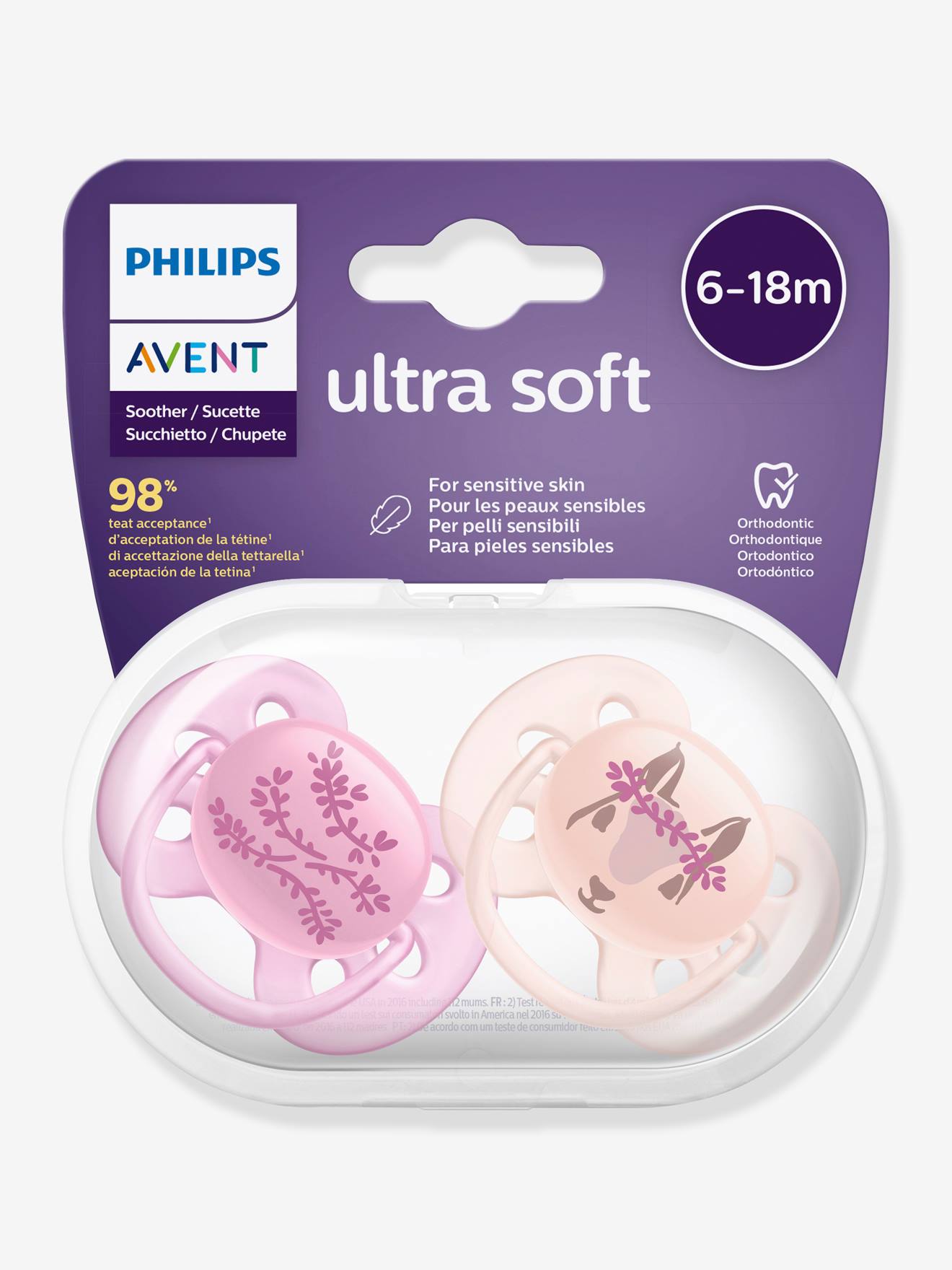 Lot de 2 sucettes ultra douces 2e âge Philips AVENT ecureuil/fleurs