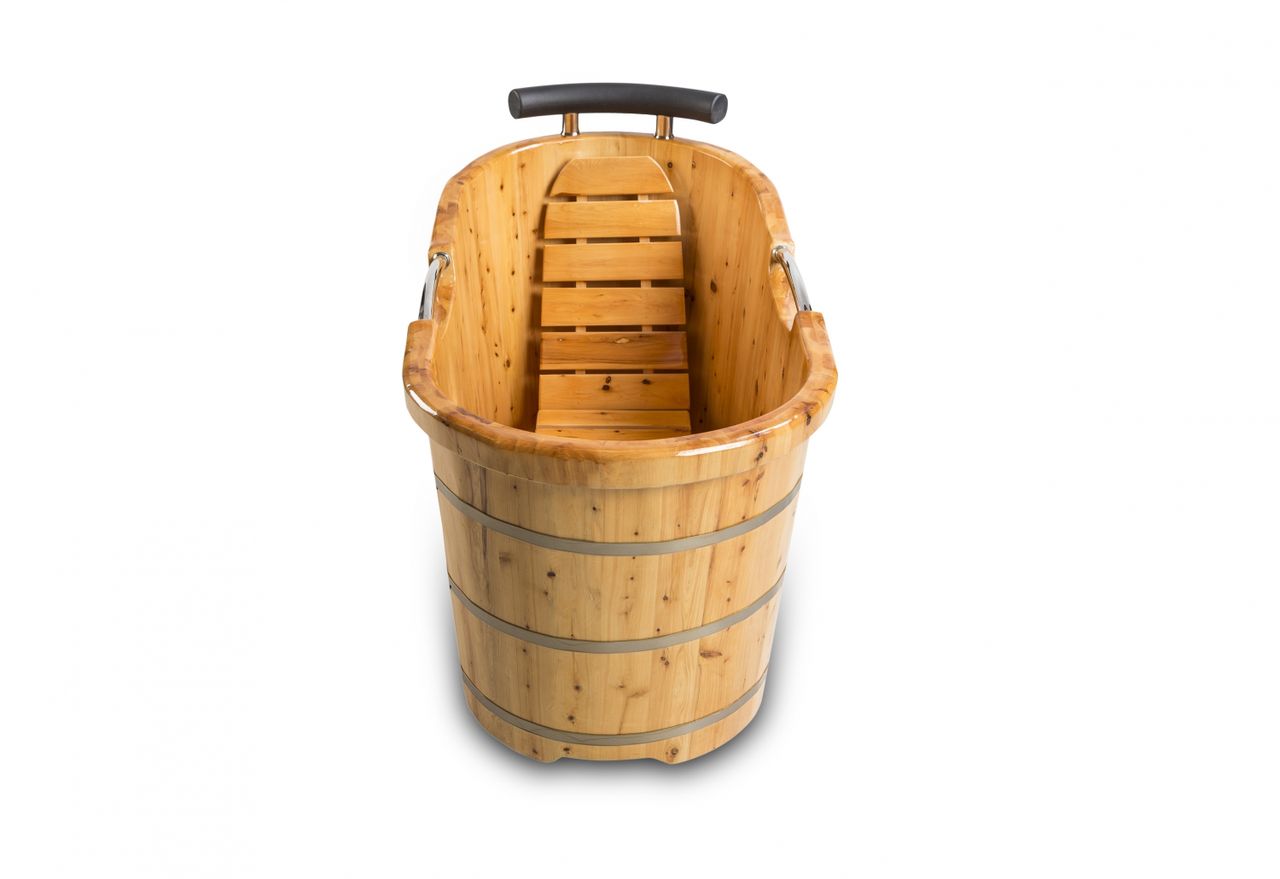 PureHaven freistehende Holzbadewanne 150x67x82 cm aus Zedernholz 150 L ergonomische Formgebung pflegeleichte Oberfläche verstärkter Rahmen mit Ablauf