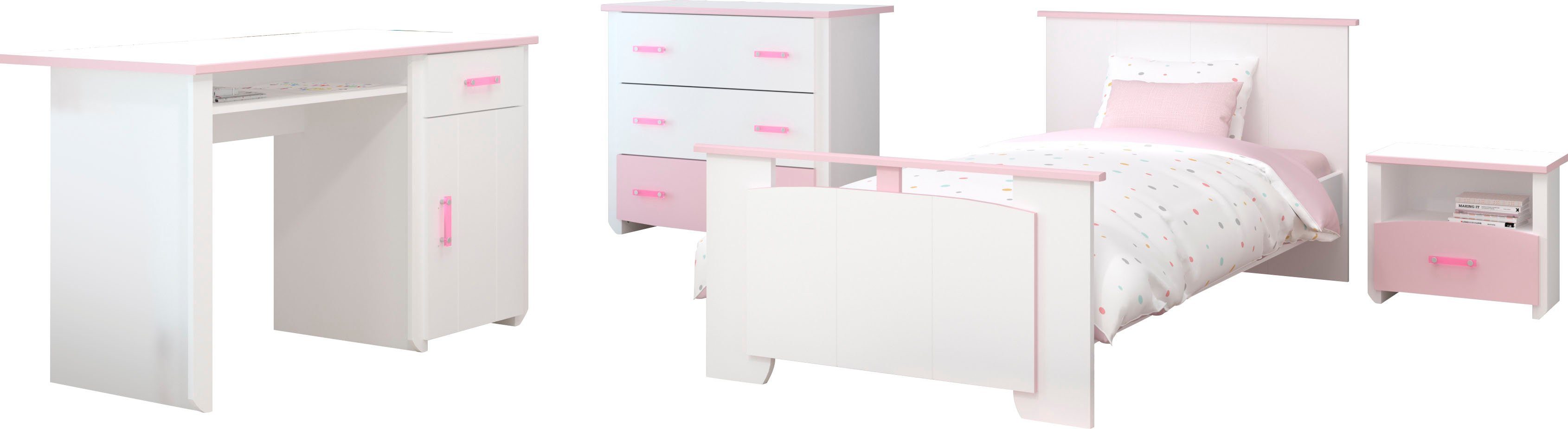 Parisot Jugendzimmer-Set Biotiful, (4-St., Bett, Nachttisch, Schubkastenkommode, Schreibtisch)