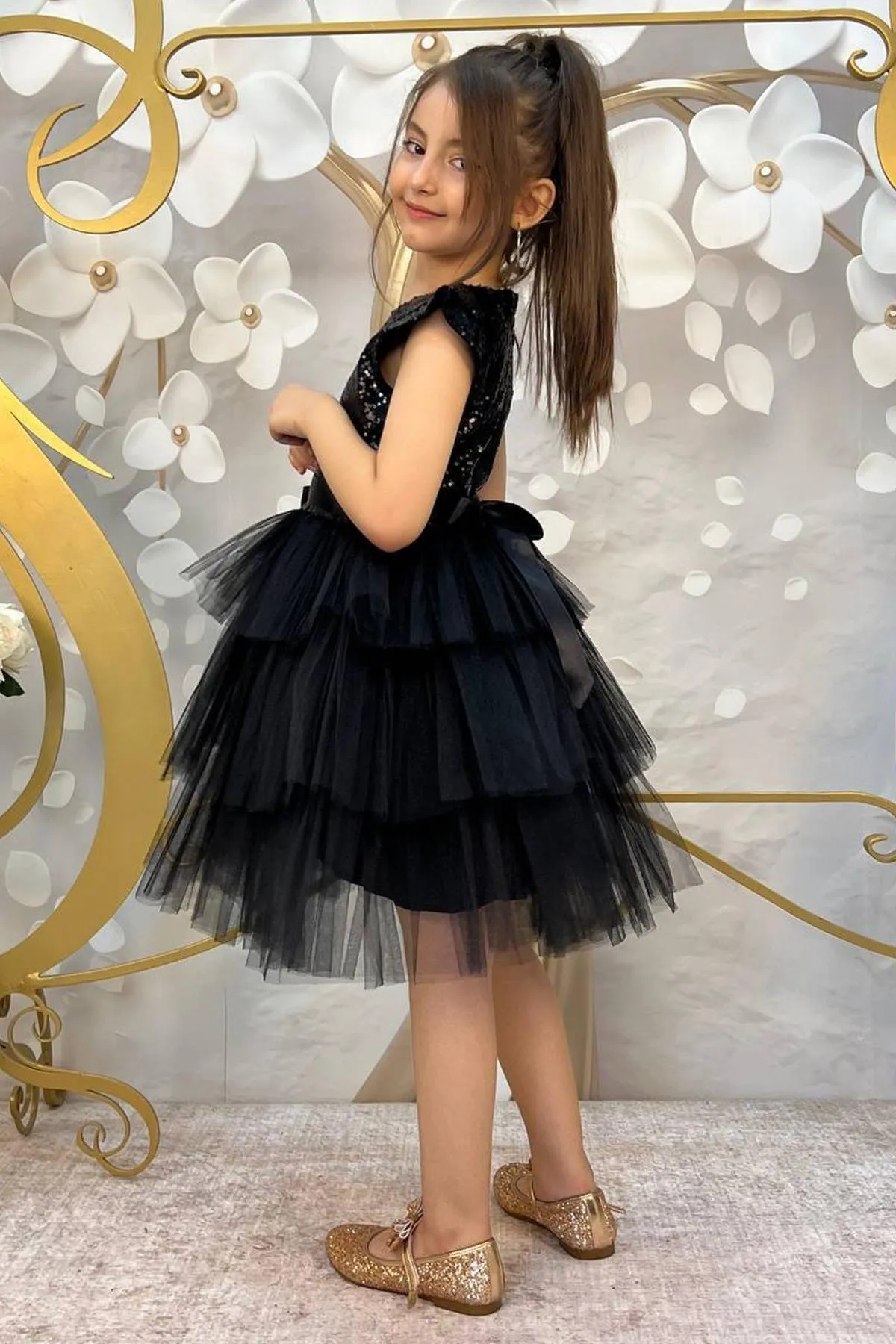 Riccotarz  Schwarzes, mit Pailletten besticktes Katkat-Abendkleid für Mädchen im Alter von 4–7 Jahren