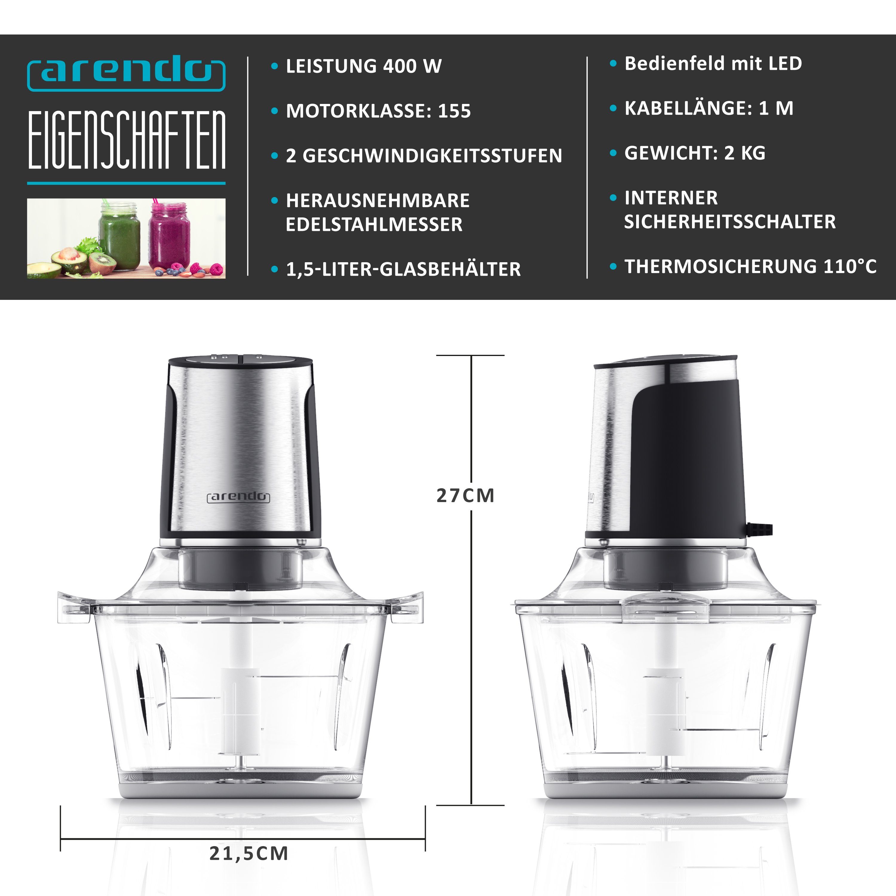 Arendo Zerkleinerer, 400 W, Elektrischer Universal Multizerkleinerer mit 1,5 L Glasbehälter