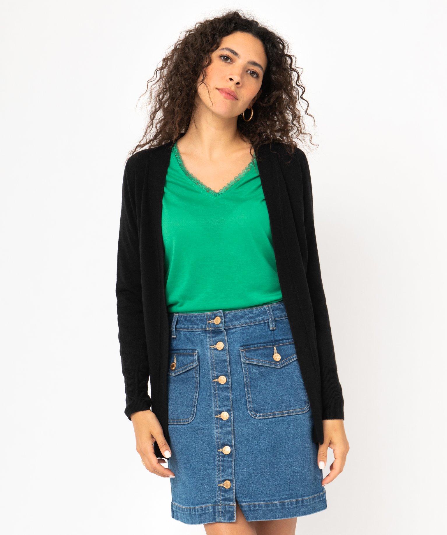 Gilet long en maille fine porté ouvert femme noir | GEMO