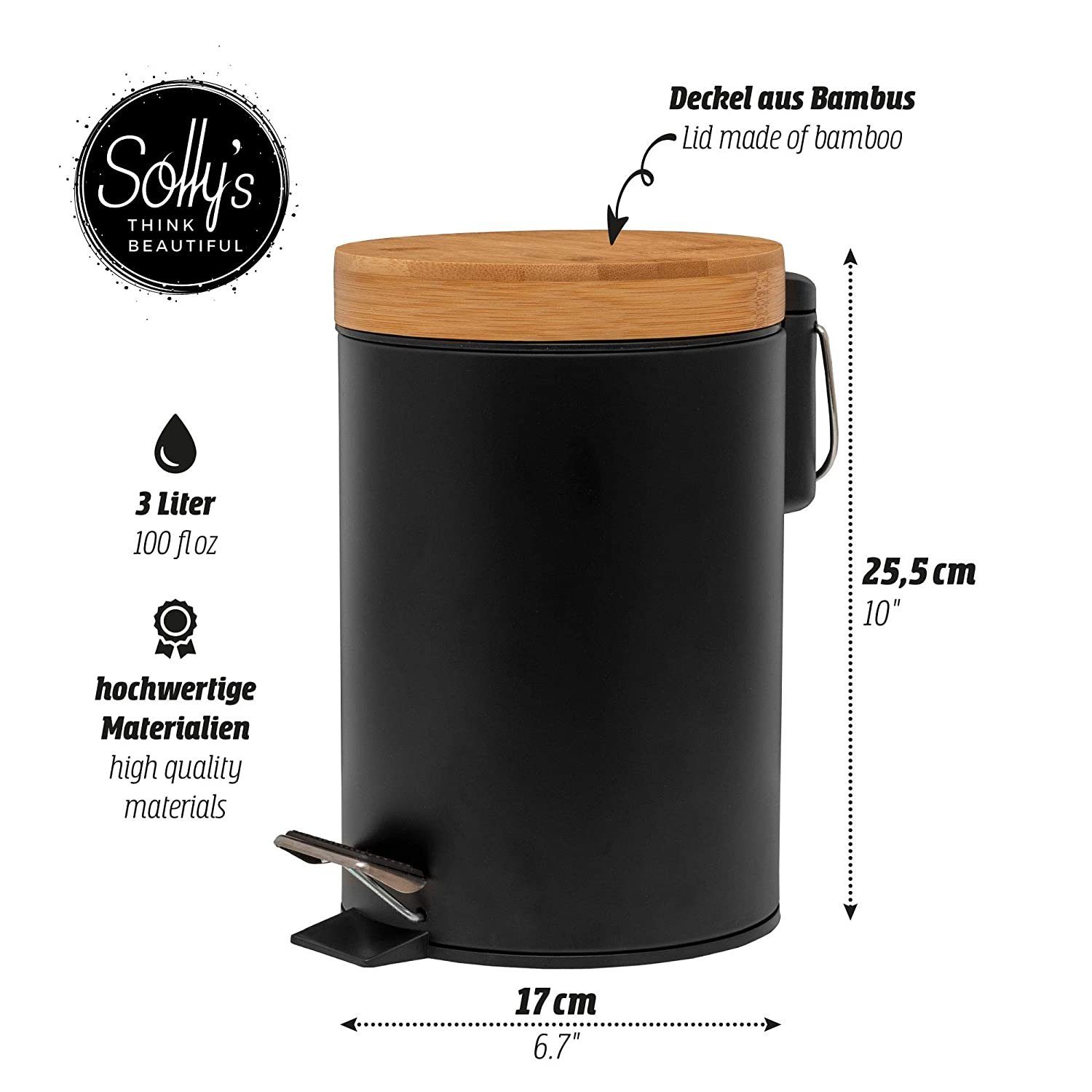 Solly's Kosmetikeimer 3l mit Bambus Deckel, Treteimer mit Absenkautomatik für Bad und Küche