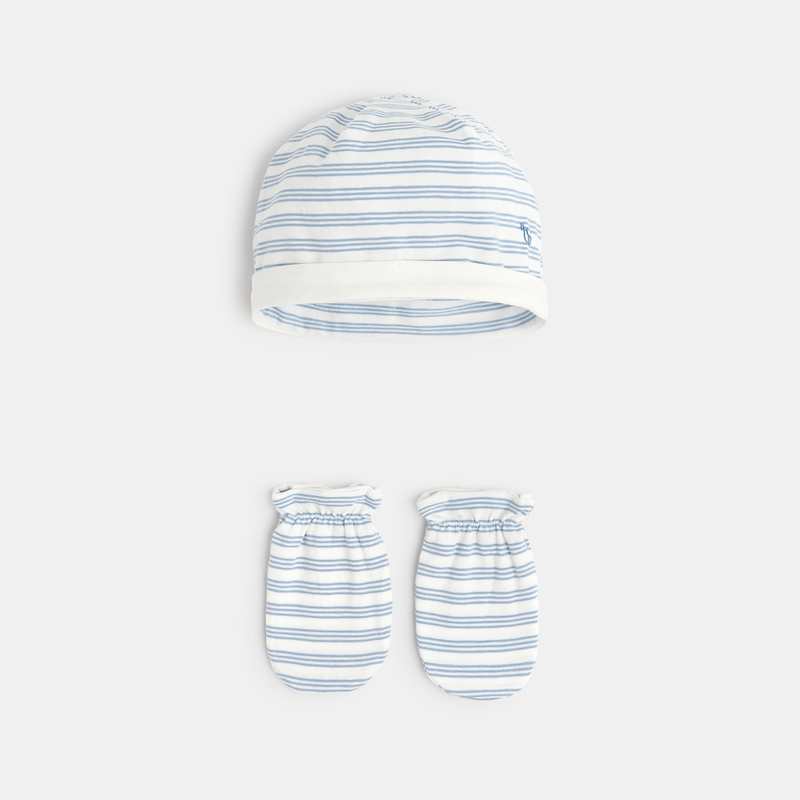 Bonnet et moufles jersey rayé bleue naissance