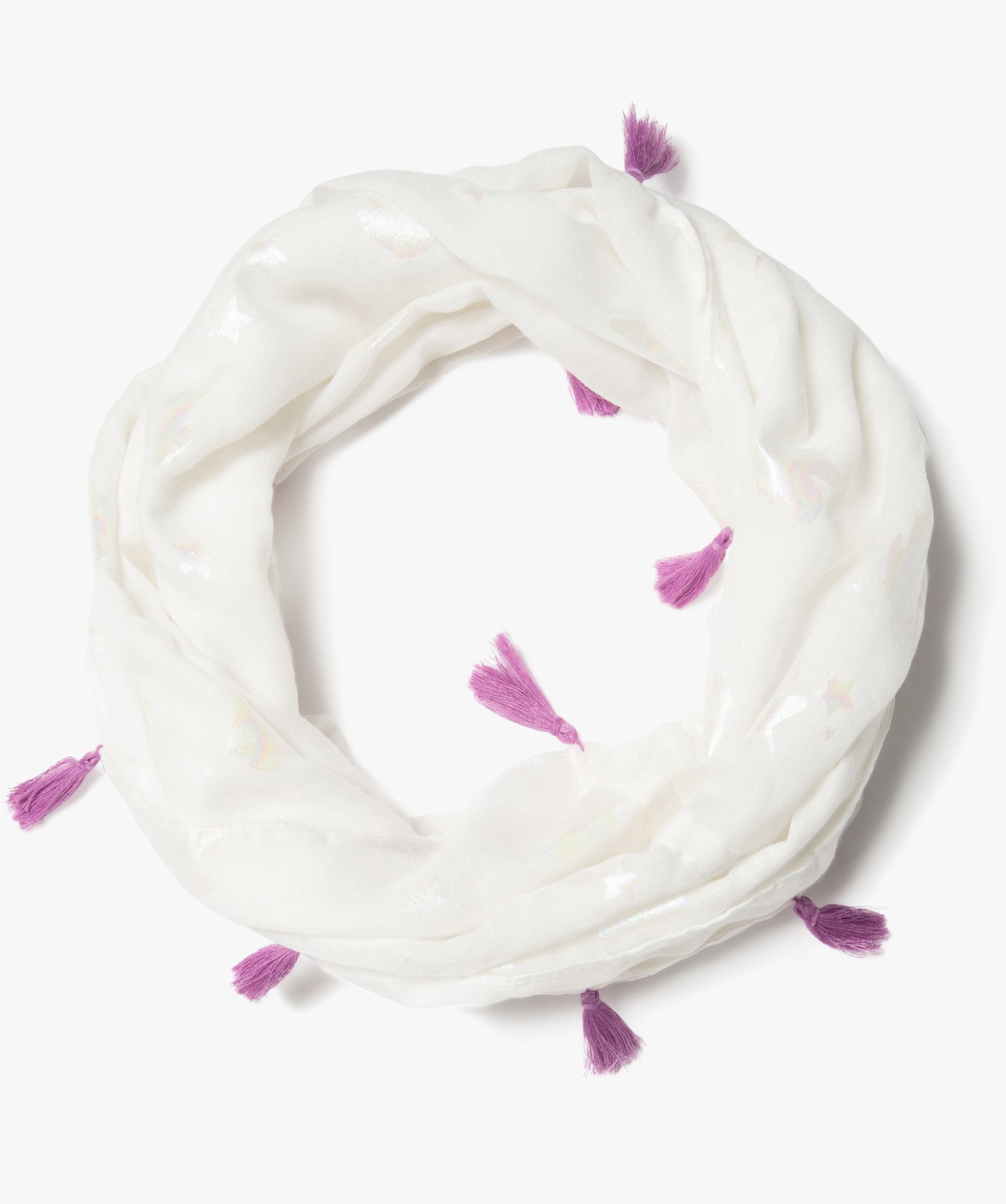 Foulard snood à motifs irisés et pompons fille blanc | GEMO