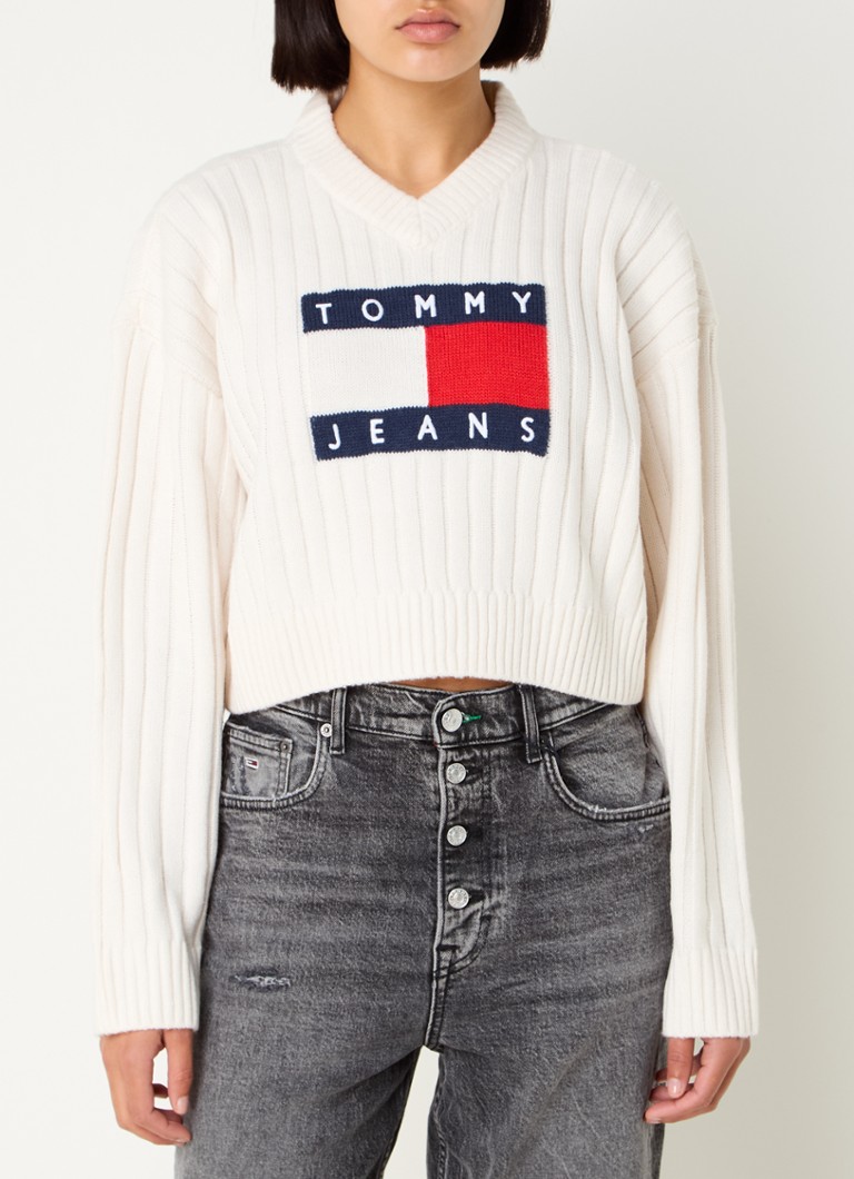 Pulover Tommy Hilfiger Crop din tricot fin cu logo țesut