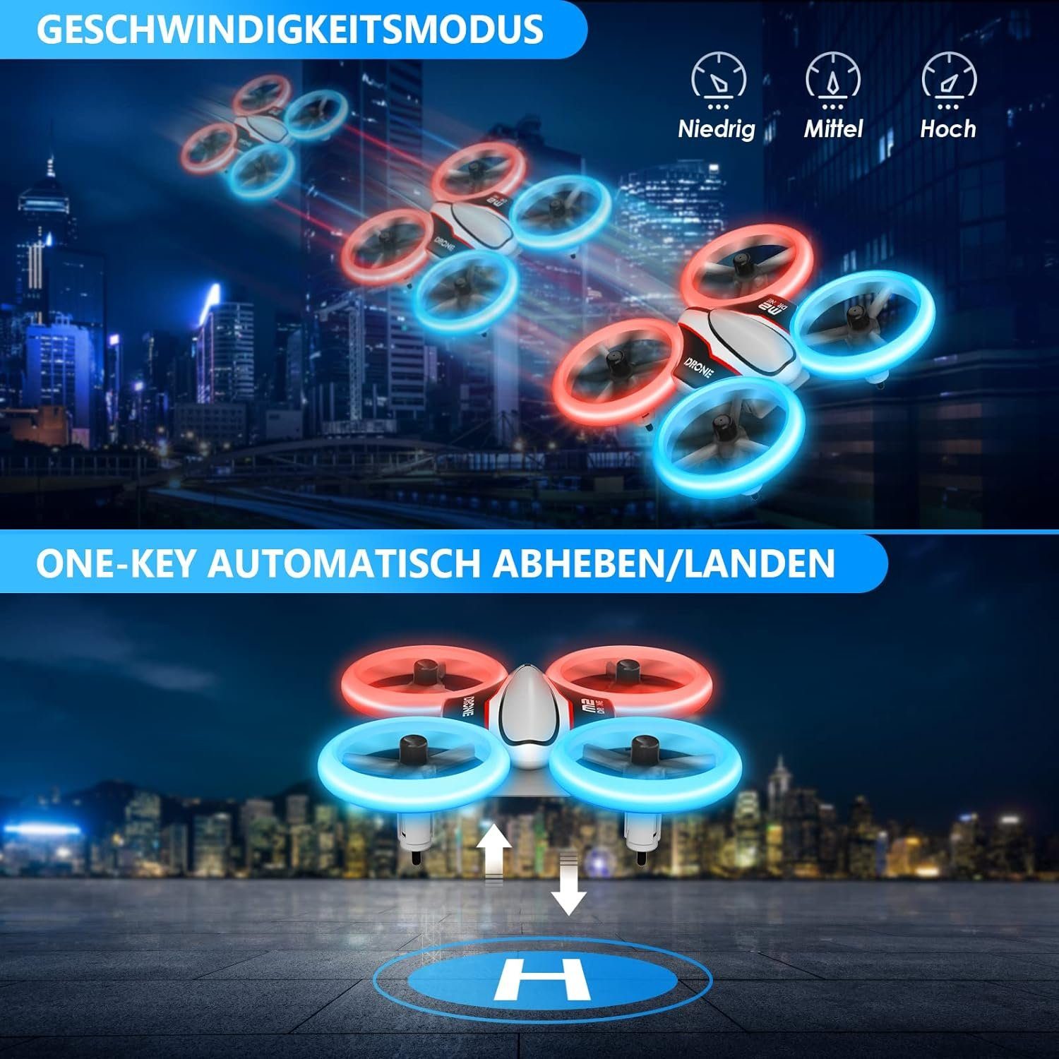 AVIALOGIC Drohne (RC Drone mit LED, 3D Flips, Kopflosmodus, 3 Akkus, 21 Min Flugzeit)
