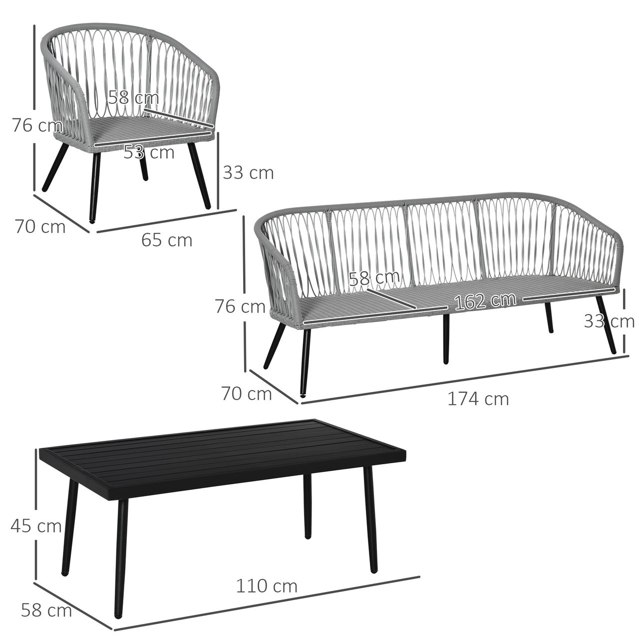 Outsunny Polyrattan Gartenmöbel Set 4-teiliges Rattensofa-Set Sitzgruppe Sitzgarnitur für Pause Lounge Teetisch mit Sofa Kissen Aluminium Grau