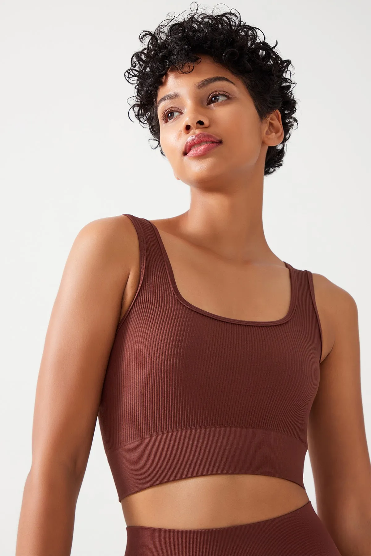 LOS OJOS  Braunes, geripptes, bauchfreies Bustier-Top mit quadratischem Ausschnitt für Damen