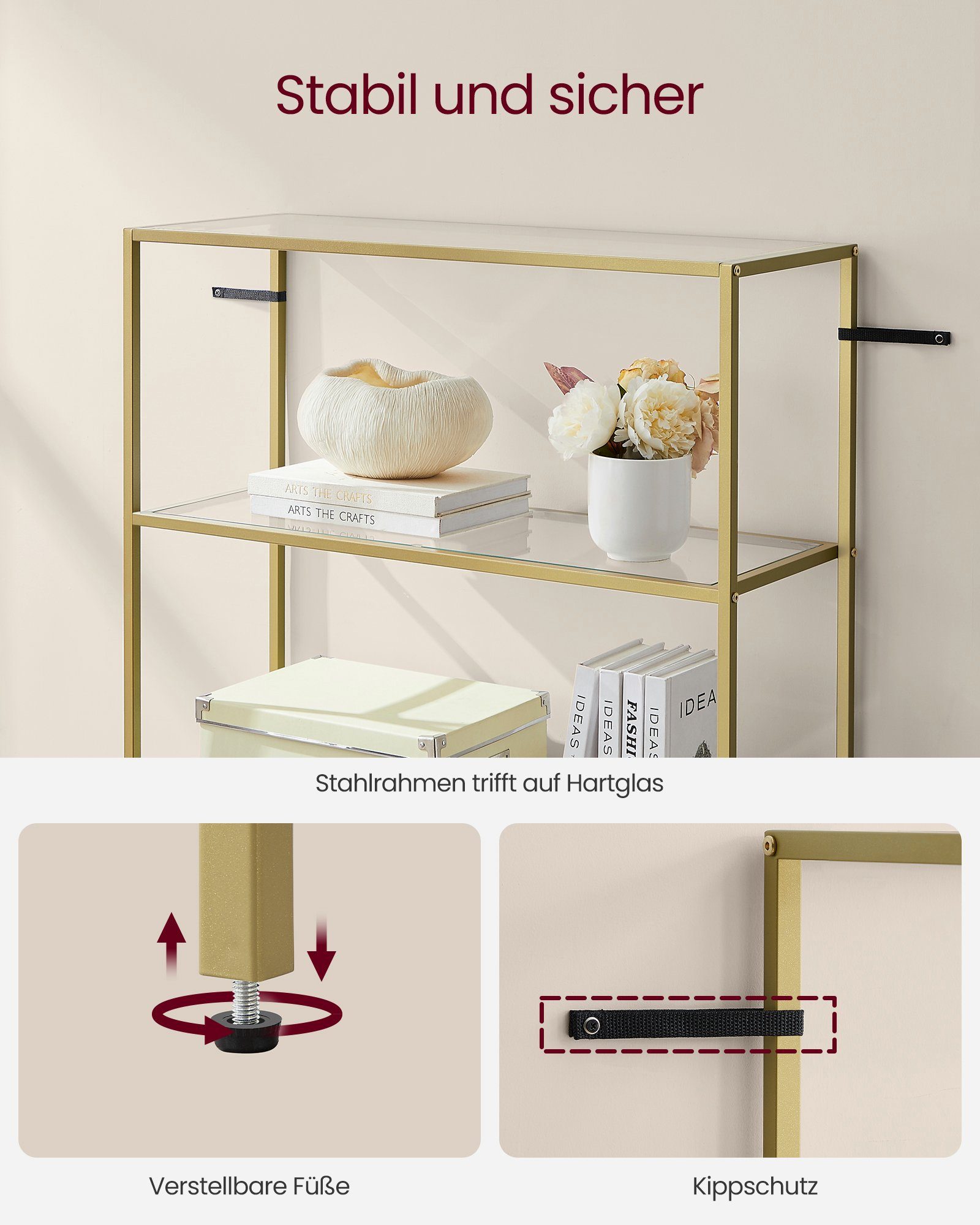 VASAGLE Standregal Regal mit 6 Ablagen, Badregal, gehärtetes Glas