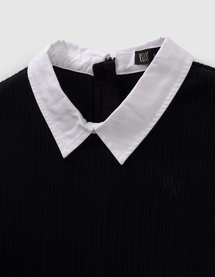 T-shirt noir côtelé à col chemise fille