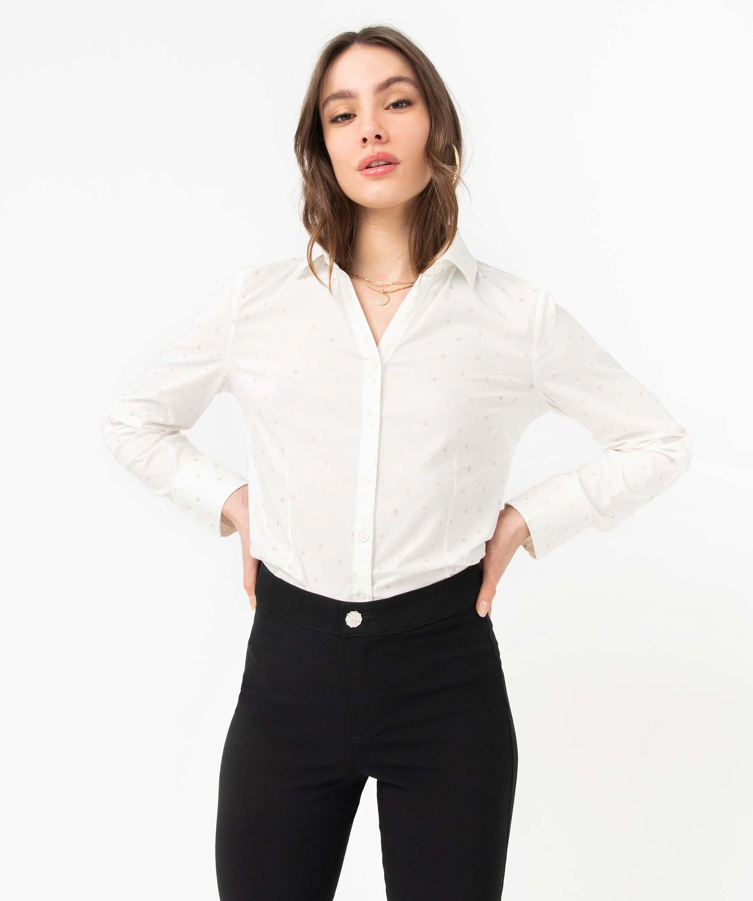 Chemise femme à motifs pailletés avec manches retroussables ecru | GEMO