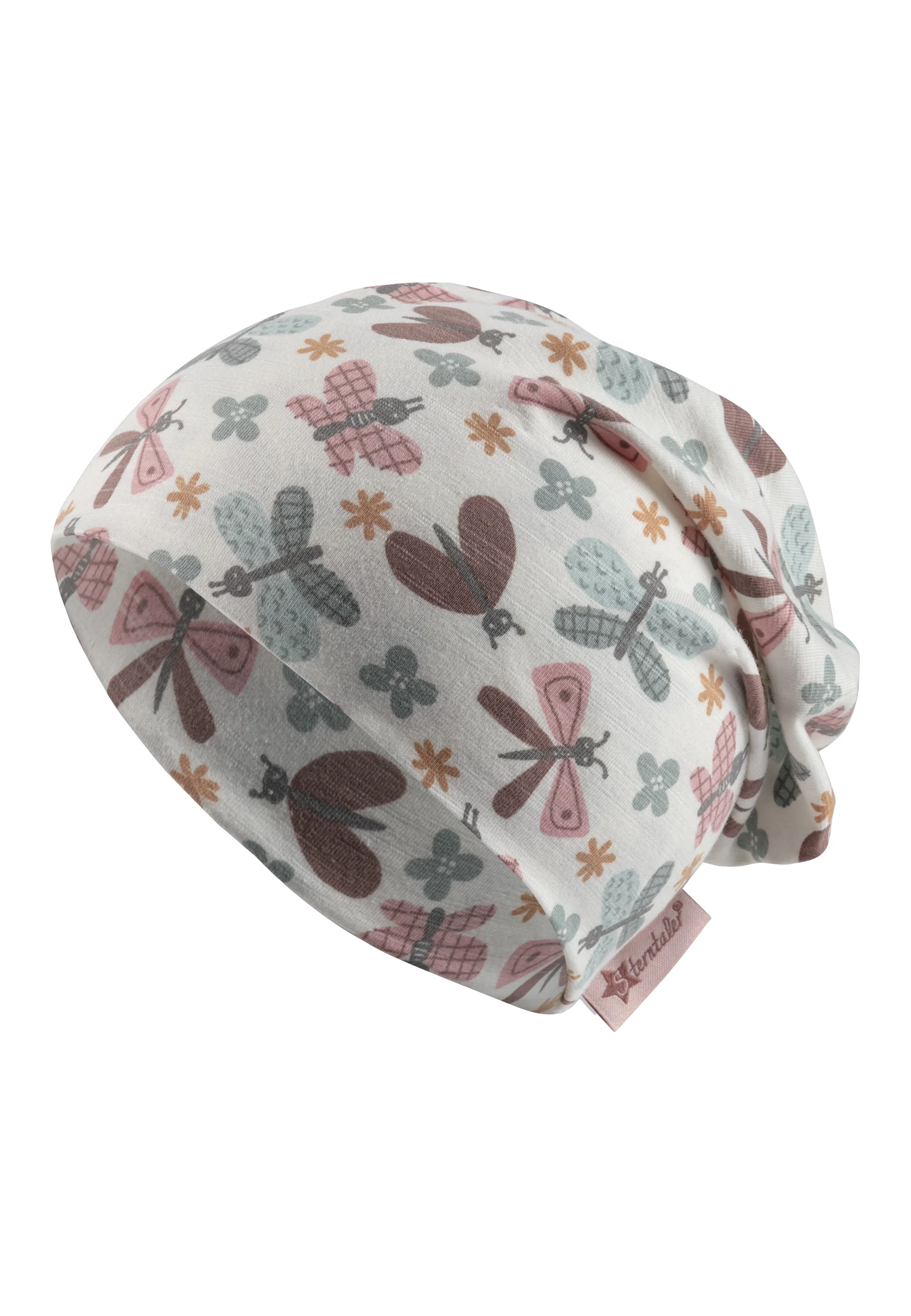 Beanie bedruckt mit bunten Schmetterlingen in ecru
