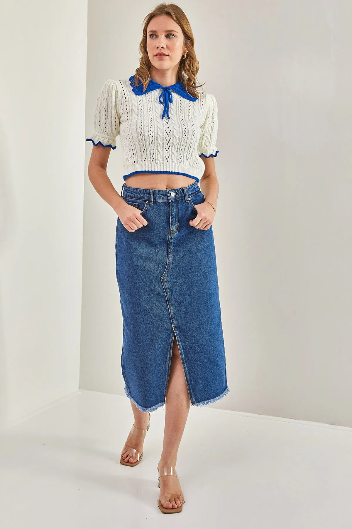 Bianco Lucci  Lasergeschnittener, geschlitzter Jeansrock für Damen