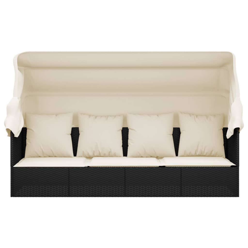 vidaXL Gartenliege Outdoor-Loungebett mit Dach und Kissen Schwarz Poly Rattan, 1 St.
