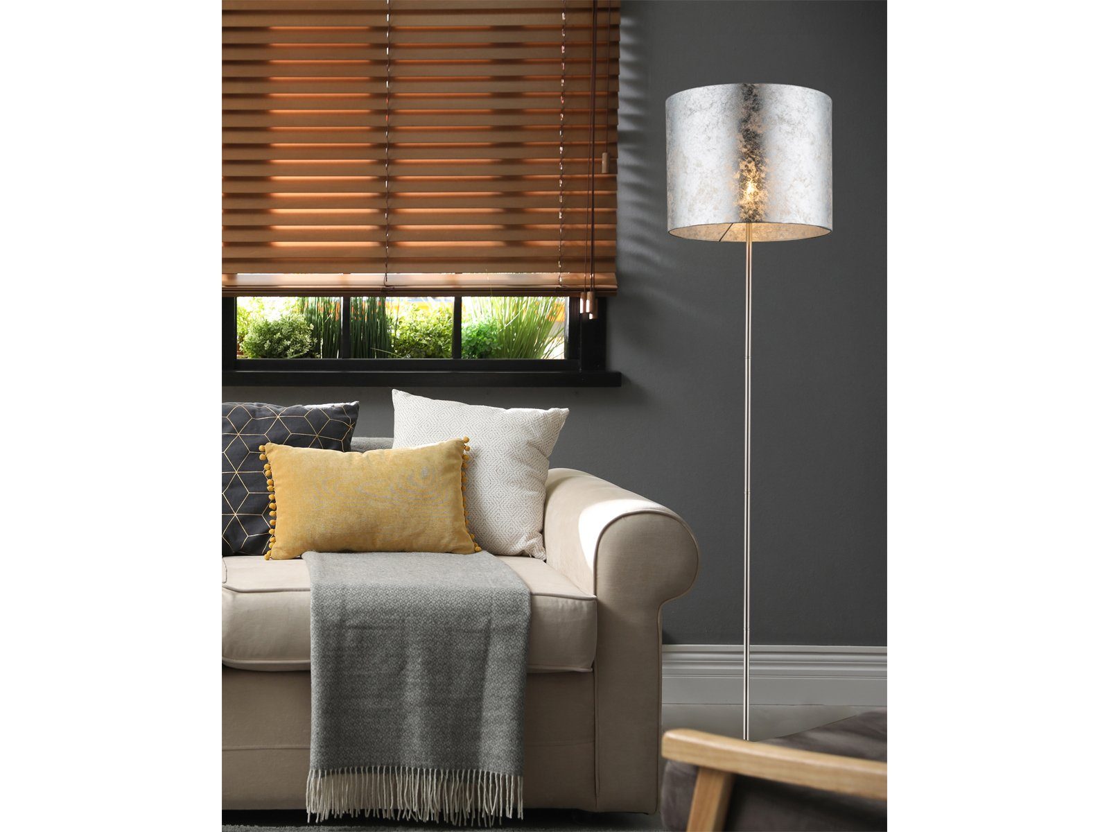 meineWunschleuchte LED Stehlampe, Leuchte ist über den Fußschalter dimmbar, LED wechselbar, warmweiß, ausgefallene moderne Designer-lampen Lampenschirm Stoff Silber H 160cm