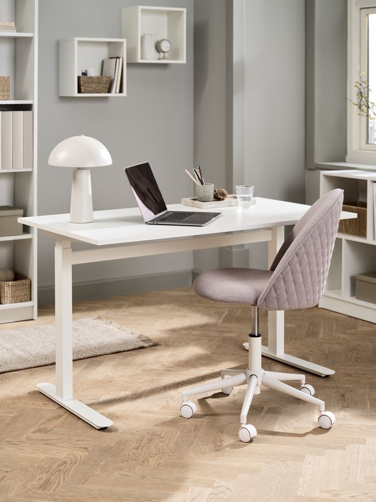 Mesa LUNDTOFT com sistema de elevação e abaixamento a gás, modelo 70x130, branca.