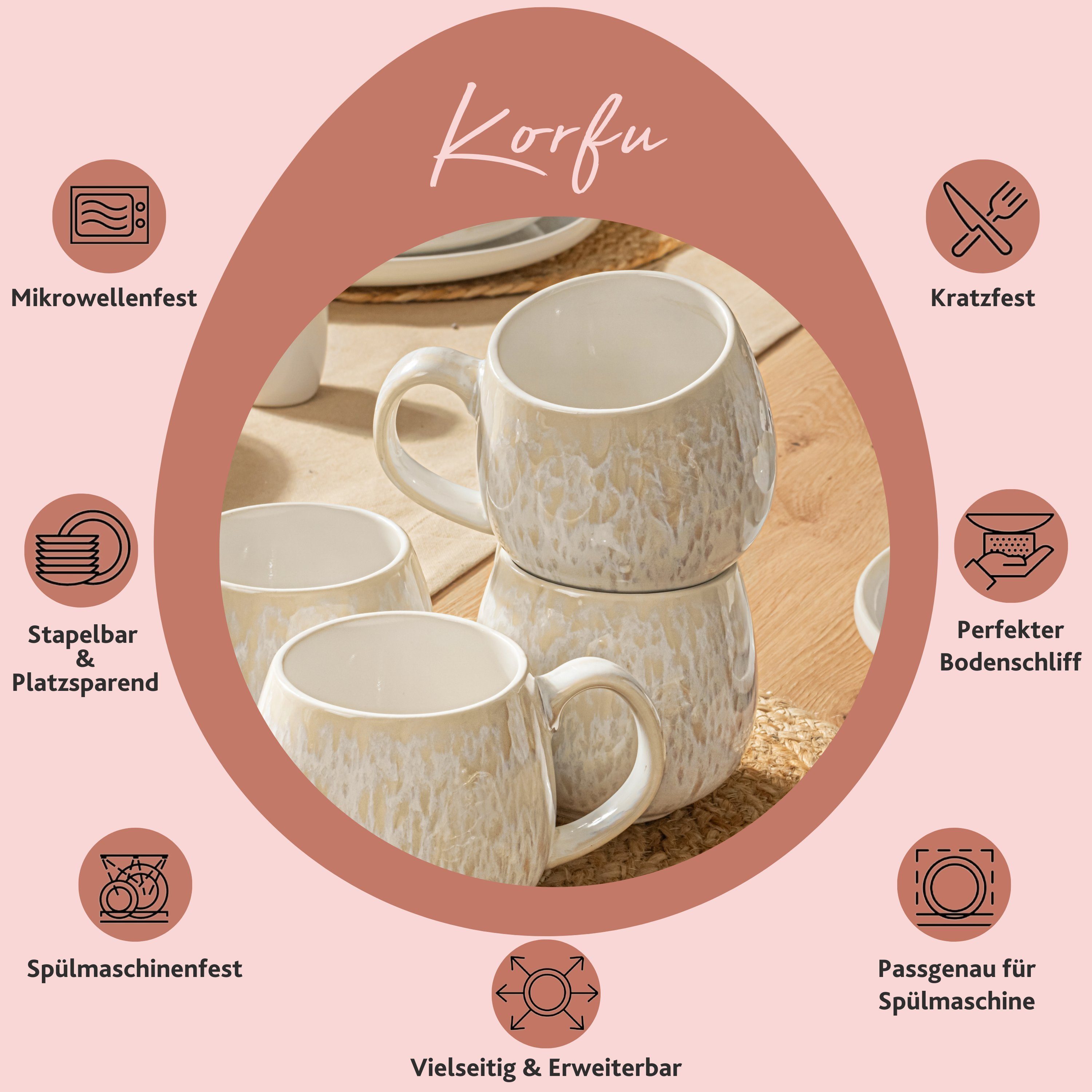SÄNGER Becher Korfu Kaffeebecher Set (4-teilig), Steingut, Creme Farben mit Sandiger Maserung, 460 ml, Handmade