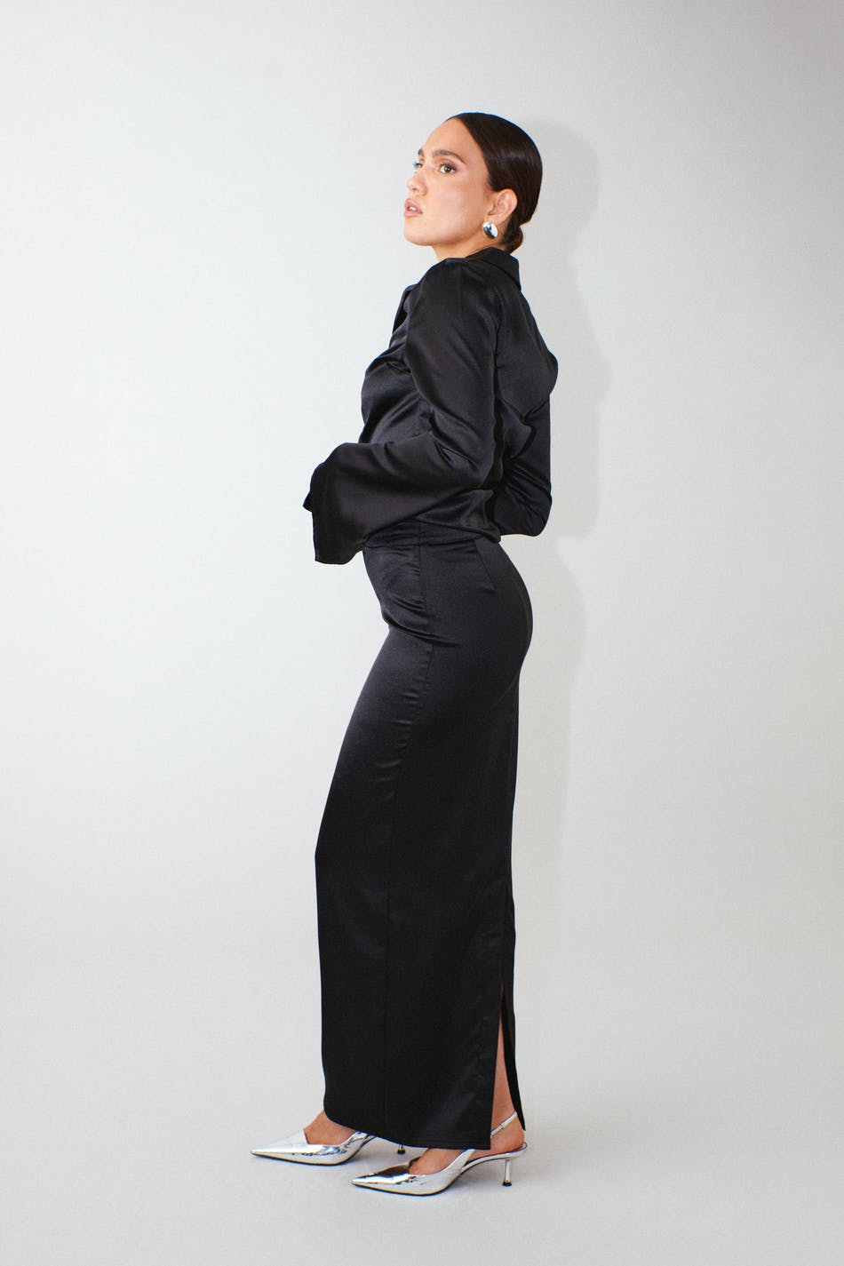 Satin pencil maxi skirt