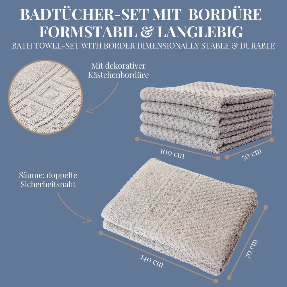 Carenesse Handtuch Set 4x Handtuch, 2x Duschtuch, 2x Badvorleger grau, 8-tlg. Set, Baumwolle, Waffelmuster & Bordüre I Frottee Handtücher fusselfrei & saugstark