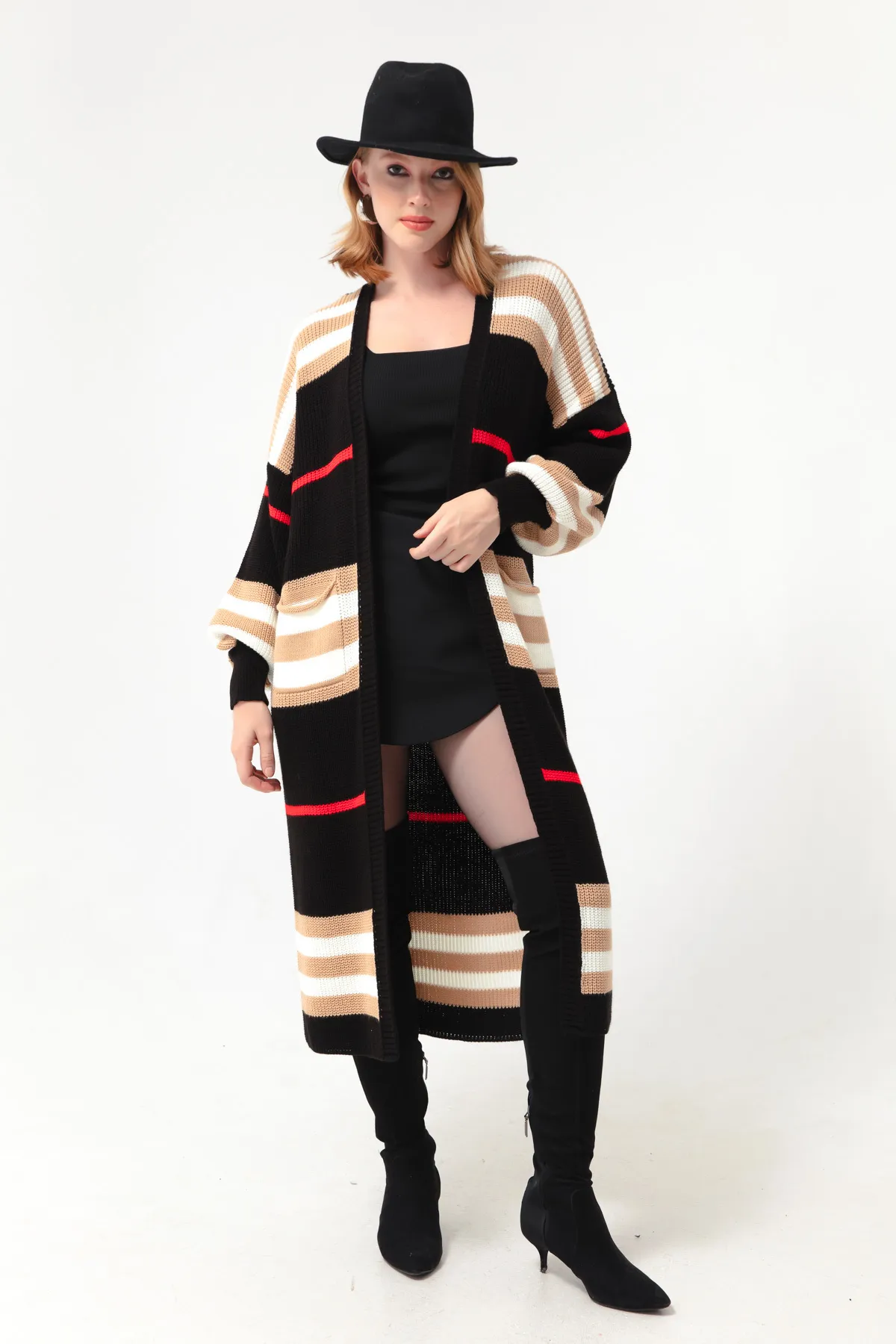 Lafaba  Schwarz-brauner langer Strick-Cardigan mit Ballonärmeln für Damen