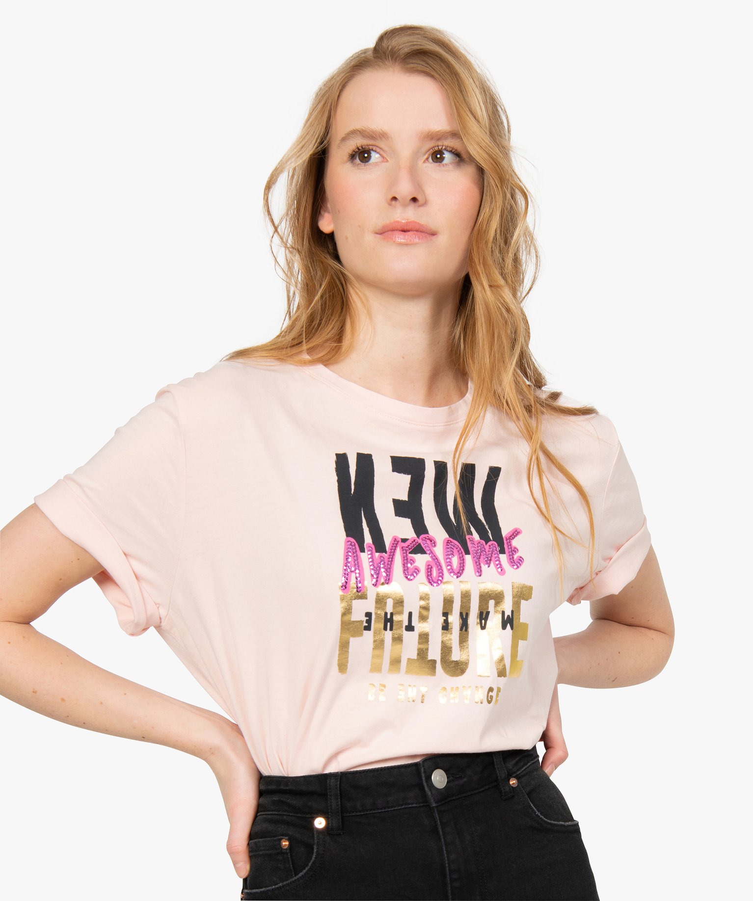 Tee-shirt femme ample à motif brillant rose | GEMO
