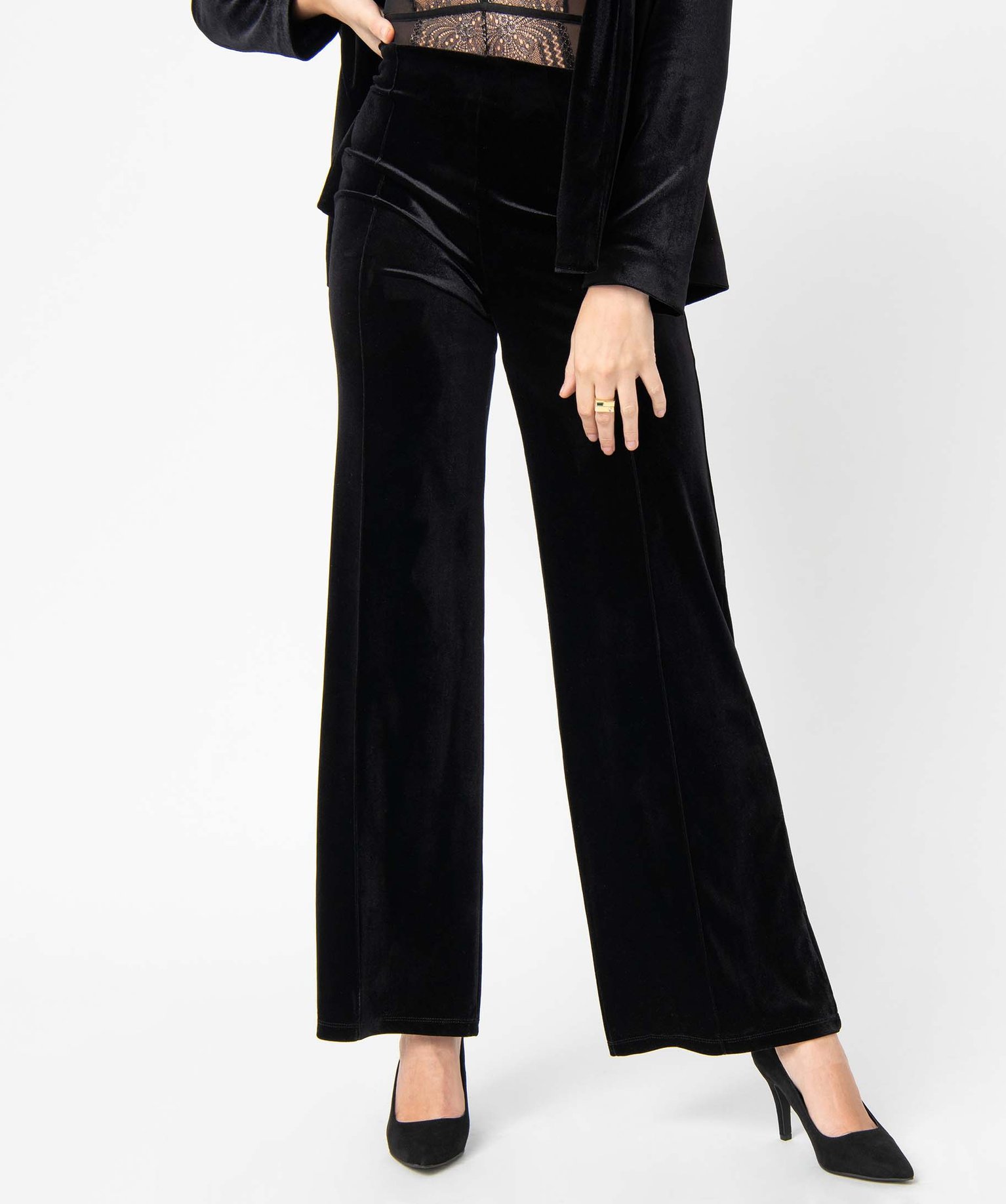 Pantalon femme en velours coupe ample noir | GEMO