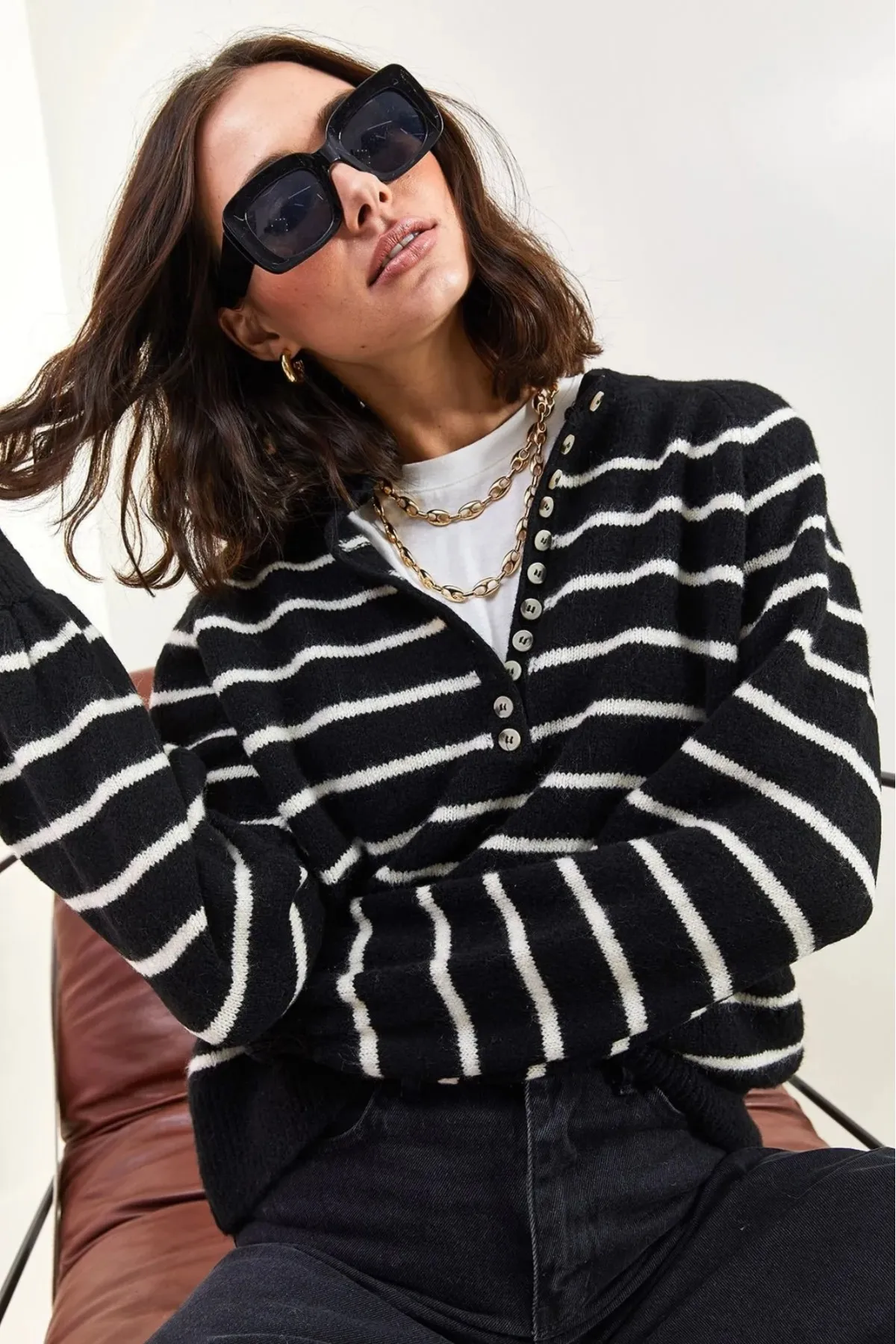 Bianco Lucci  Gestreifter Strickpullover mit Rollkragen und geknöpftem Kragen für Damen