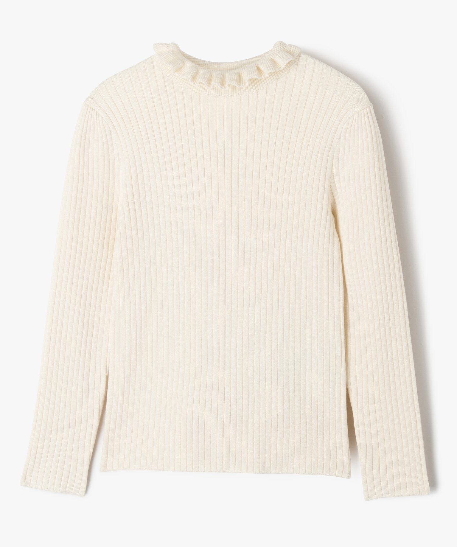 Pull en maille ctelée avec col montant froncé fille ecru | GEMO