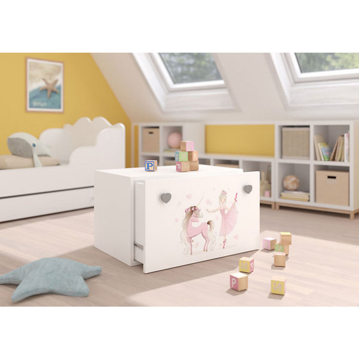 Spielzeugtruhe Sitztruhe Inga 70cm weiß Motiv Meerestiere