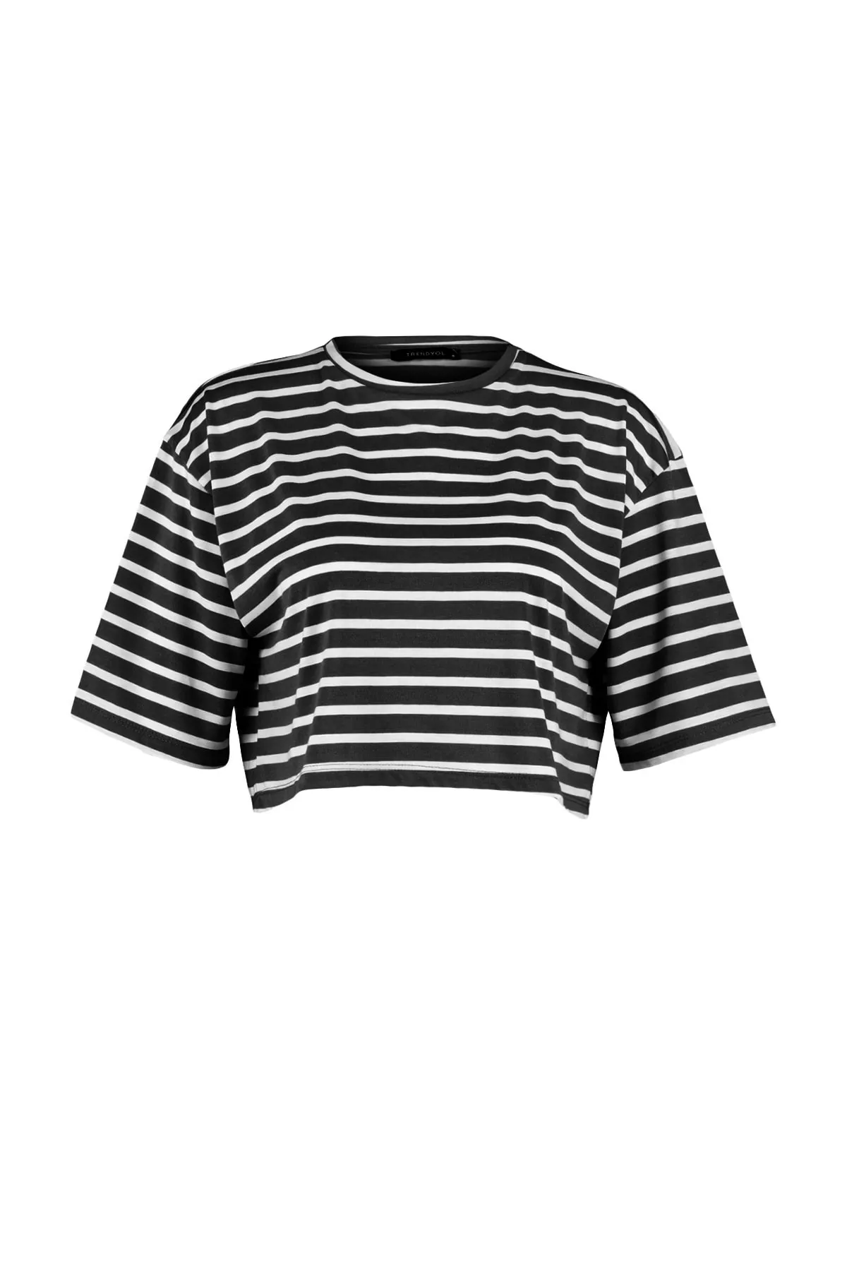 Trendyol Collection  Schwarz gestreiftes, entspanntes/weites, entspannt geschnittenes, kurzes Strick-T-Shirt mit Rundhalsausschnitt TWOSS23TS00136