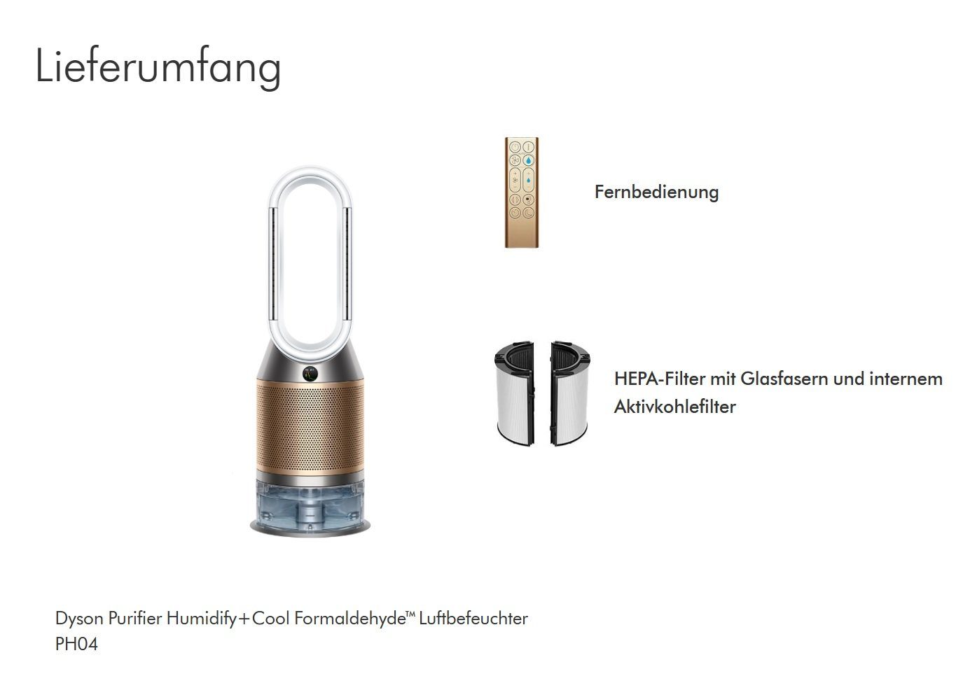 DYSON Kombigerät Luftbefeuchter und -reiniger PH04 Purify Humidify+Cool 3in1 Ventilator Luftreiniger Luftbefeuchter, für 50 m² Räume, leise Schlafzimmer geeignet Allergiker Raucherzimmer Luftfilter 99,5%