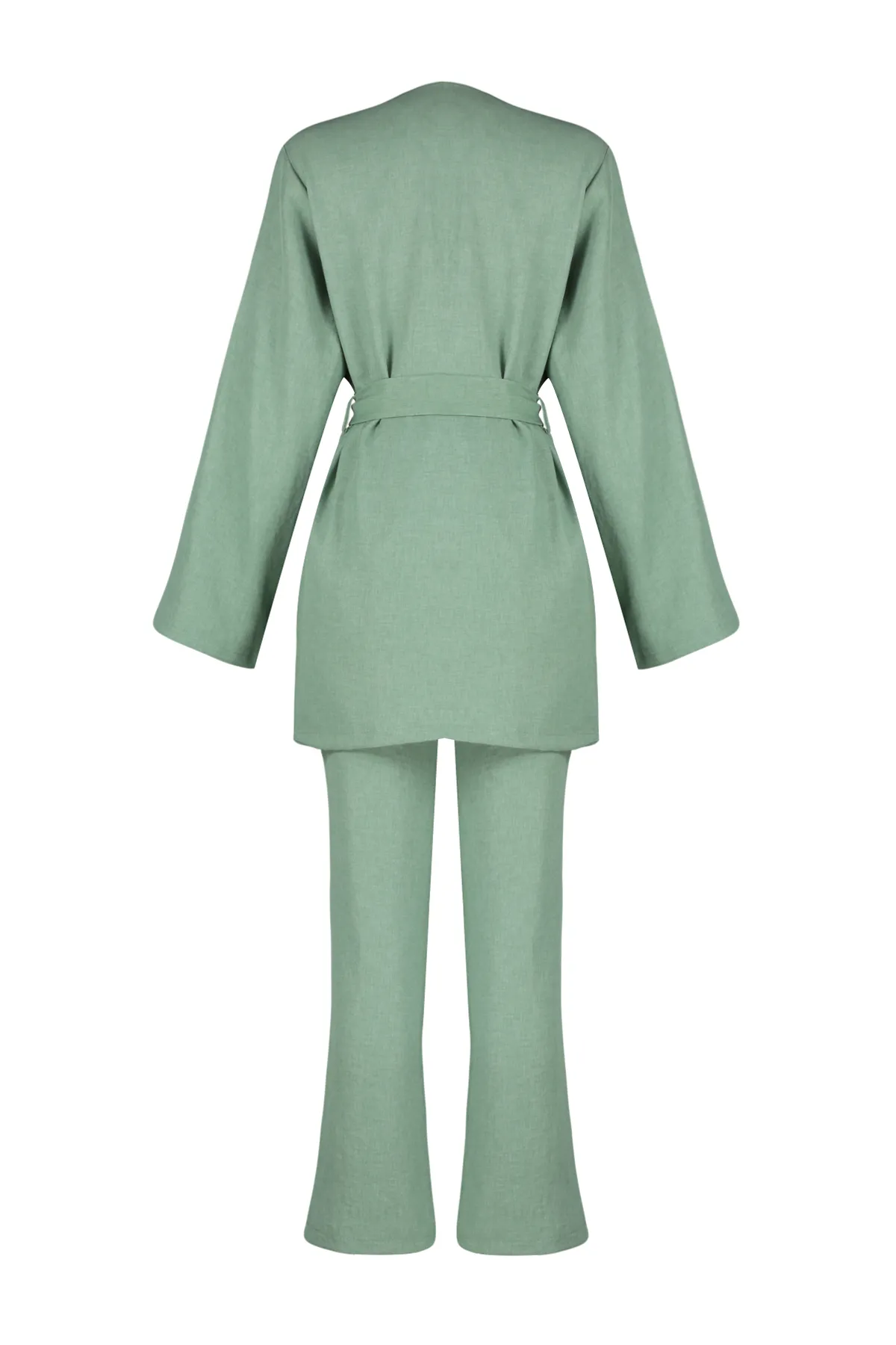 Trendyol Modest  Khakifarbenes Kimono-Hose-Set in Leinenoptik mit Gürtel, gewebter Unterteil und Oberteil TCTSS24US00005