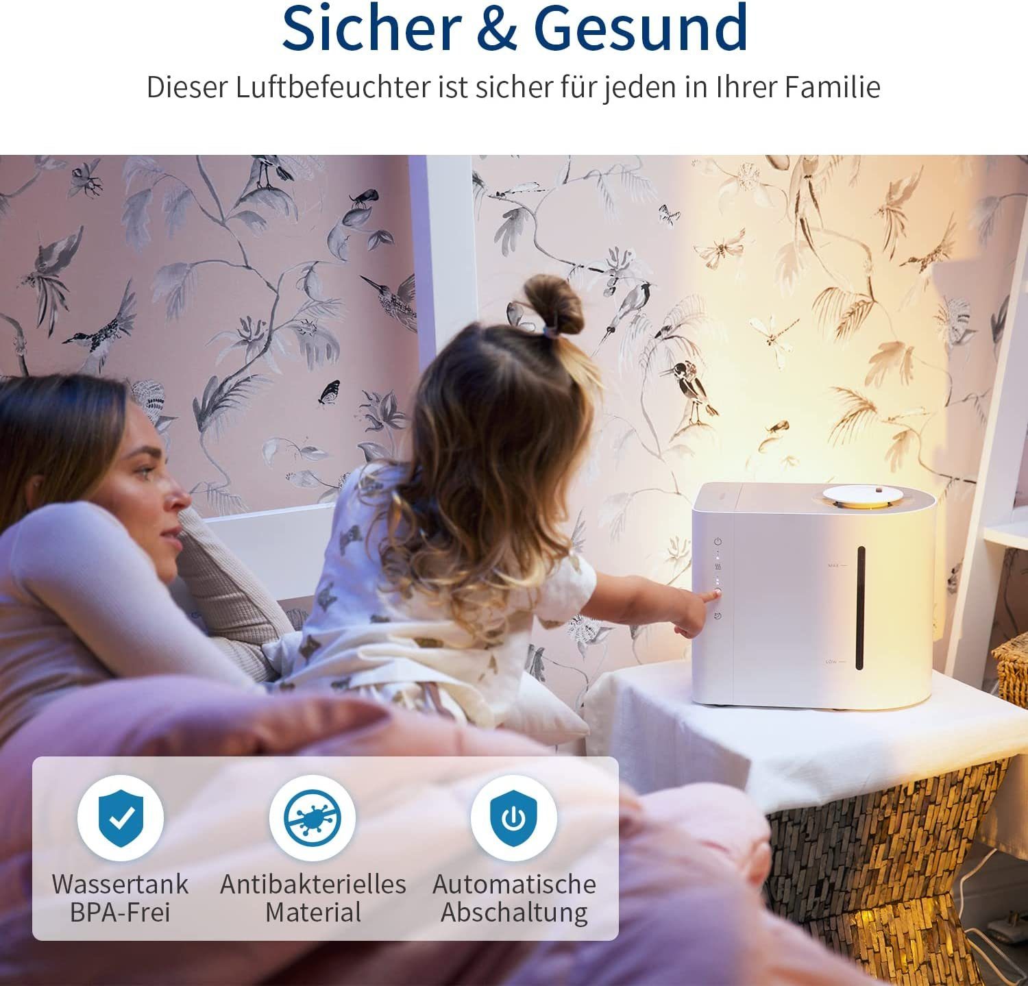 AIRROBO Luftbefeuchter Luftbefeuchter 4.3L Top-Fill für Große Räume Schlafzimmer bis 45m2, 4,30 l Wassertank, 360° Düse,Ultraschall Raumbefeuchter Humidifier