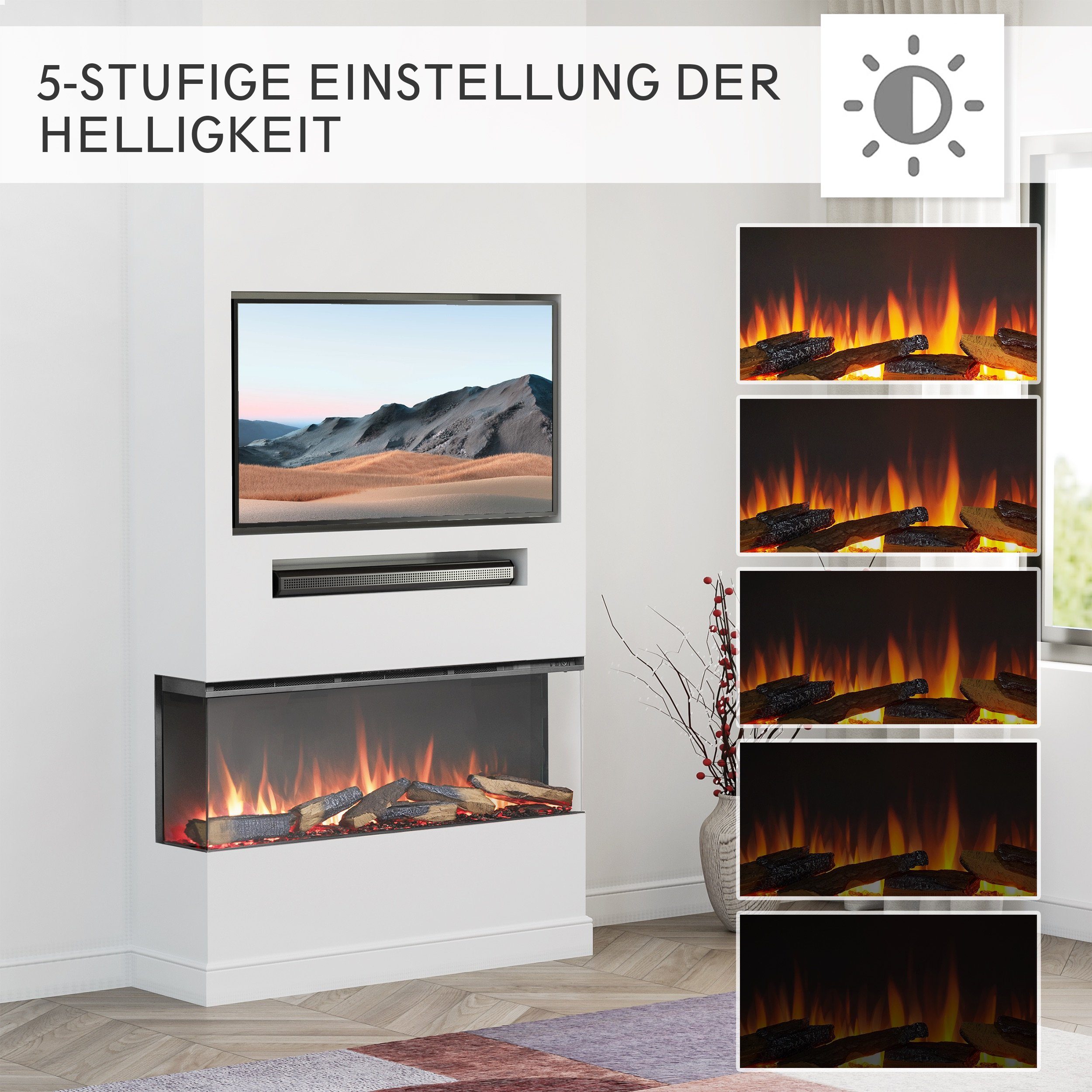 RICHEN Elektrokamin Athena, Elektrischer Einbaukamin mit Heizung 1500W, 3D-Flammen, Fernbedienung