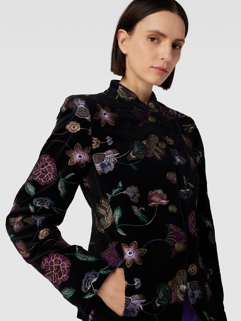 Blazer mit Stehkragen und floralem Stitching in schwarz
