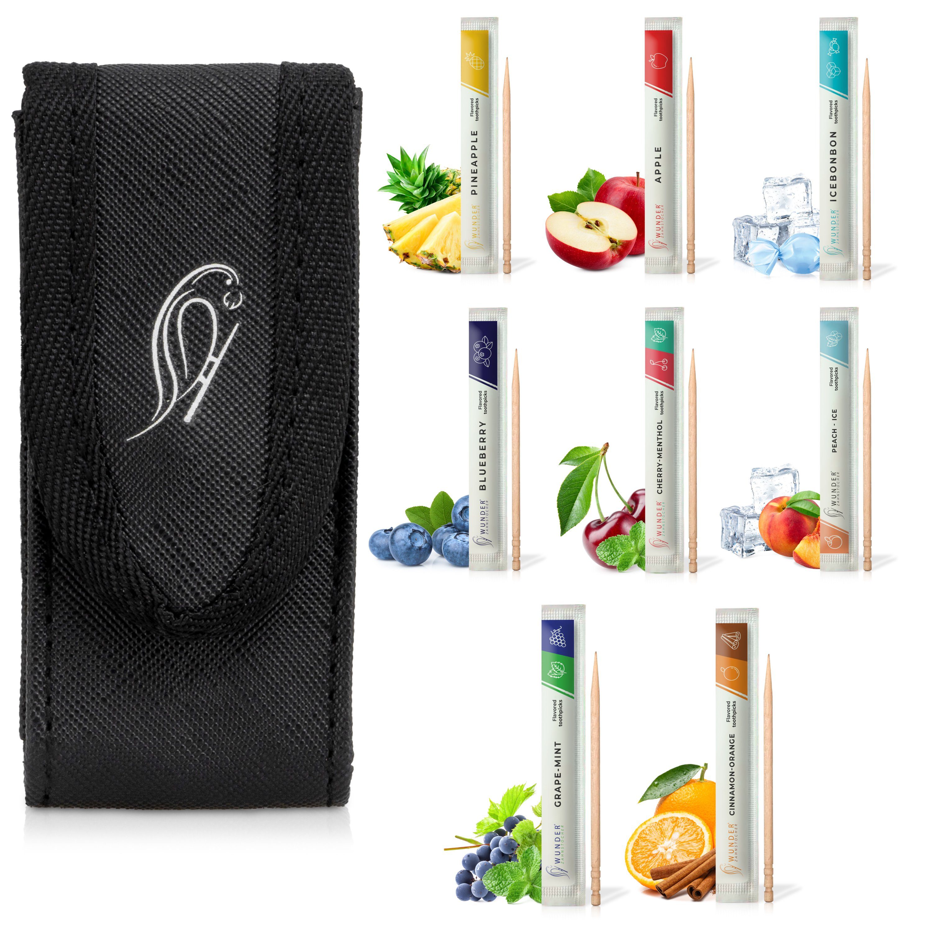 Wunder Zahnstocher Mundpflegecenter Wunder Zahnstocher mit Geschmack - Ledertasche + 80er Single Pack
