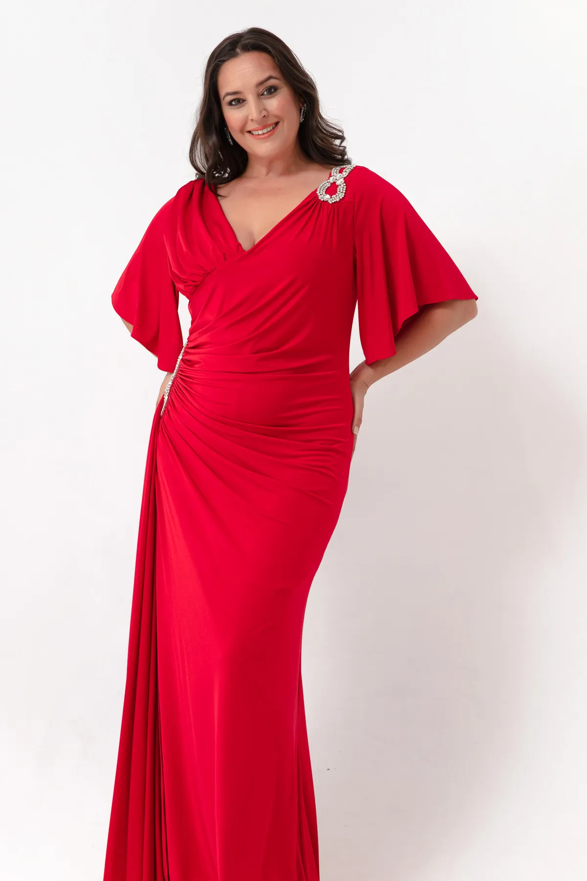 Lafaba  Rotes Abendkleid mit kurzen Ärmeln und Schlitz für Damen in Übergröße