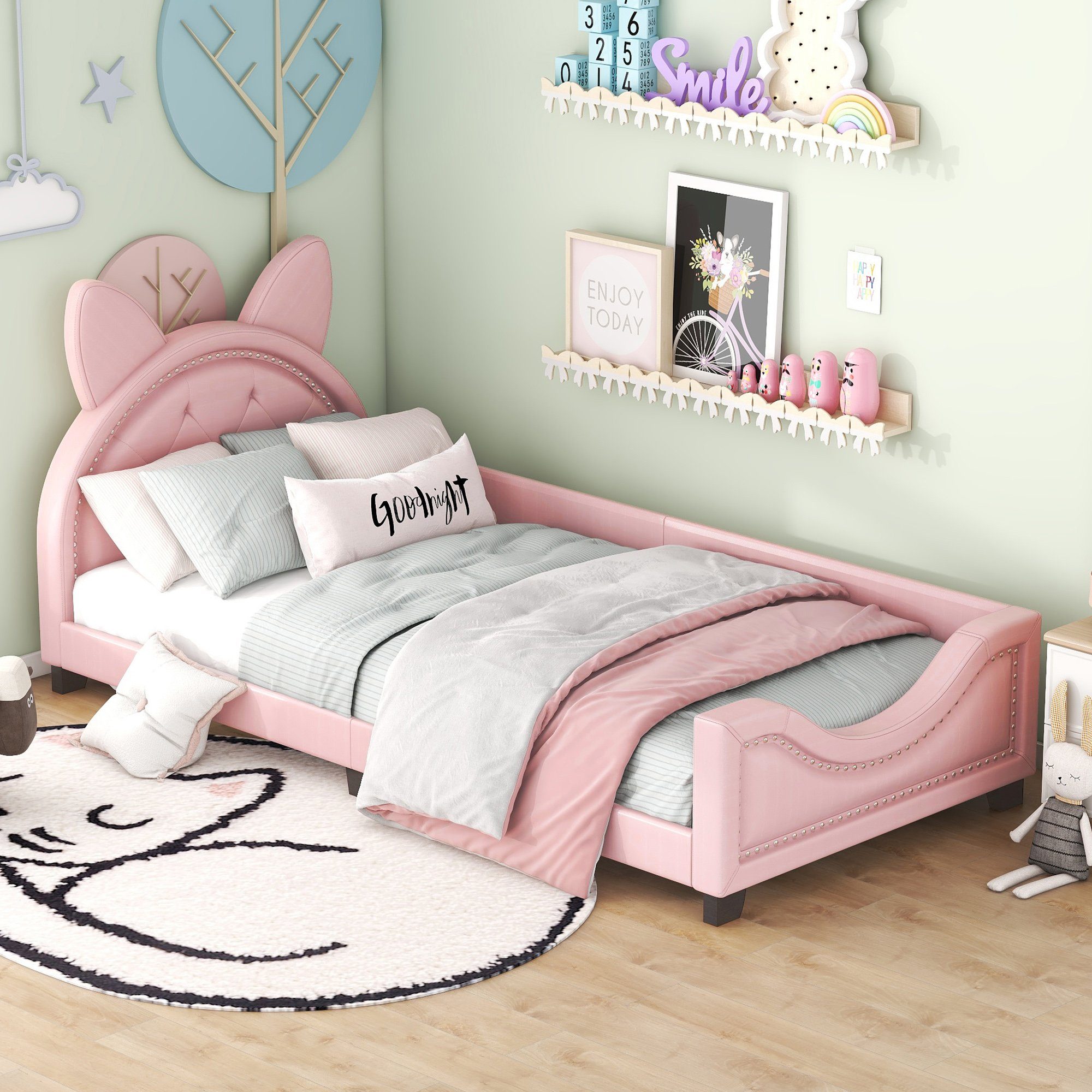 REDOM Polsterbett Einzelbett, Kinderbett, mit Holz Lattenroste und Rückenlehne (Form von Karton-Ohren, 90 x 200cm), Ohne Matratze