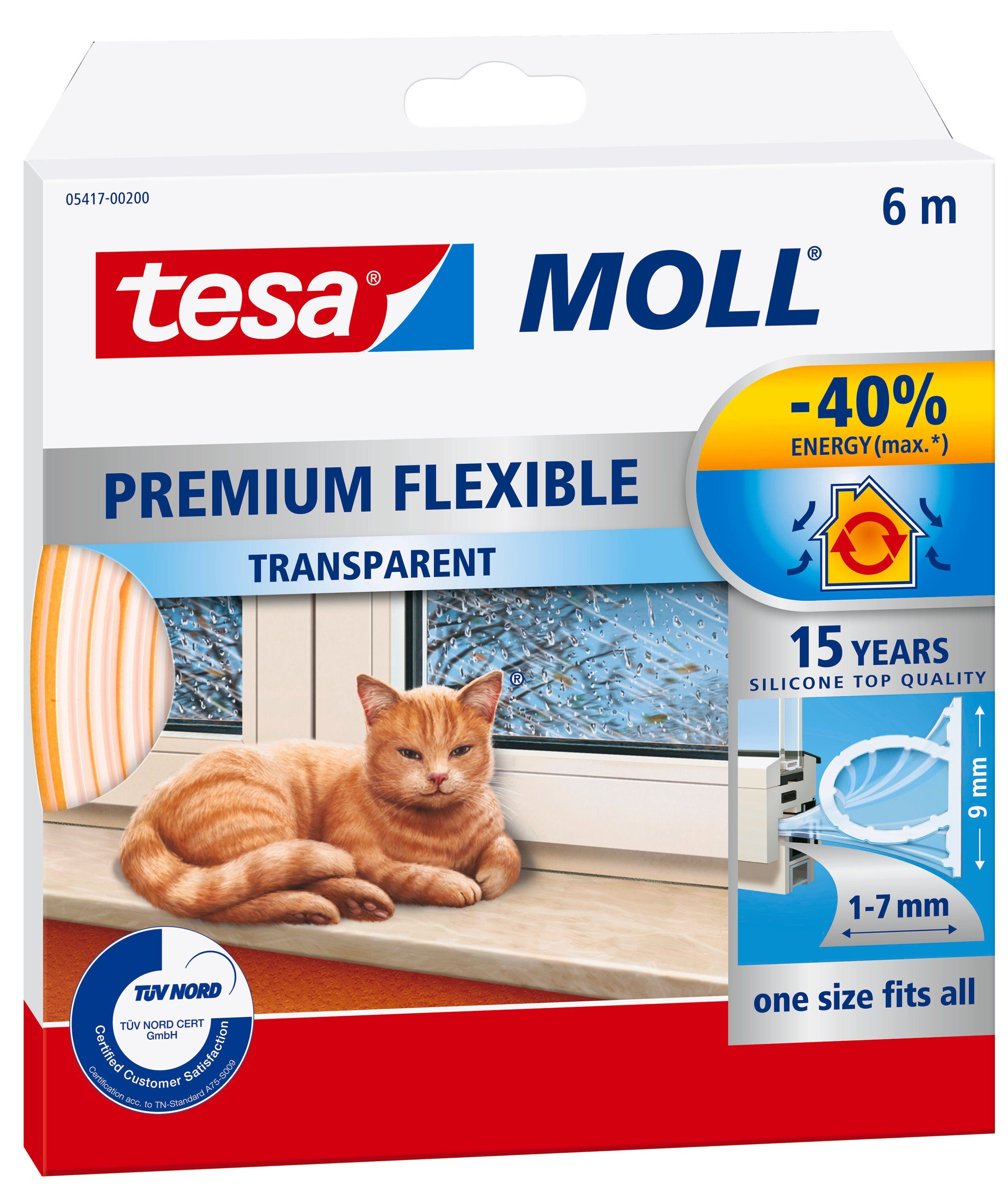 tesa Dichtband tesamoll PREMIUM FLEXIBLE Fensterdichtung (Packung, 1-St) Fensterabdichtung zum Energie sparen - transparent - 6 m : 9 mm : 7 mm