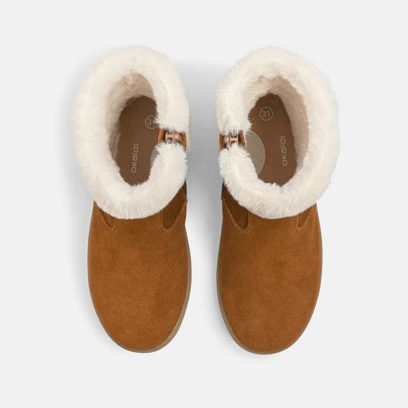 Boots croûte de cuir irisée col fourré beige fille