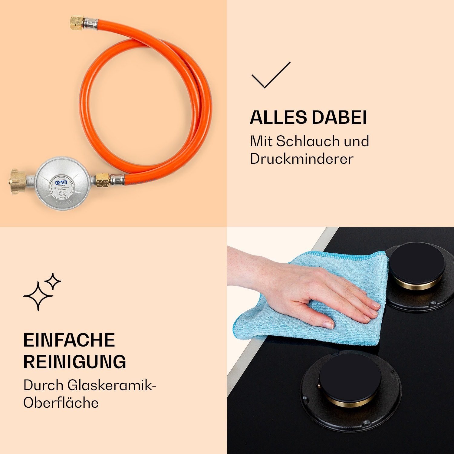 Klarstein Gas-Kochfeld Goldflame Domino 4 Prime Gaskochfeld 4-flammig Messing-Brenner Glaskeramik CP11-Goldflame-4-Pri, Einbau Gas Kochfeld 4 Platten Herdplatte Kochplatte Einbaukochfeld