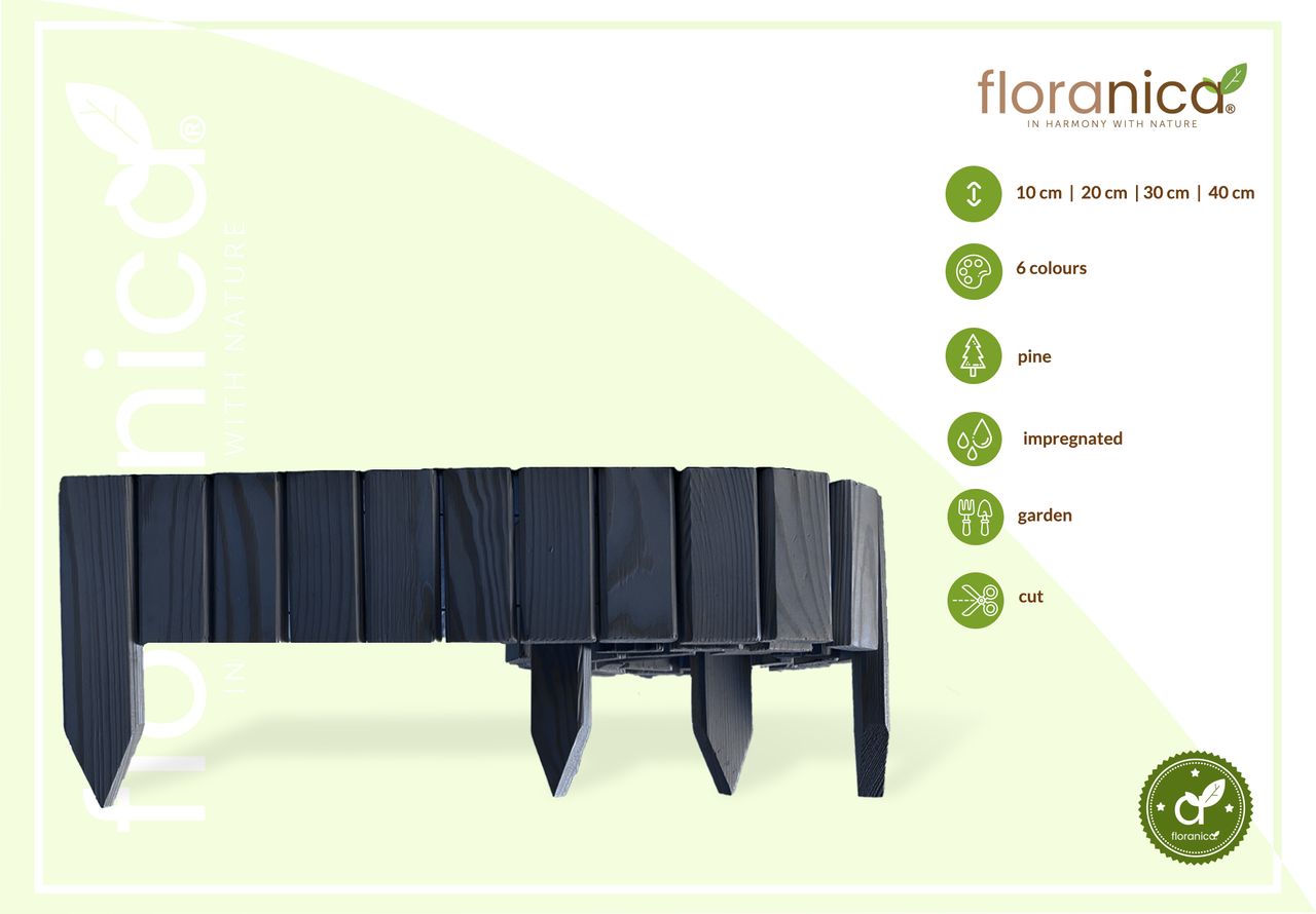 Pemicont Floranica Rollborder II Flexibler Holzzaun 203cm Höhe: 30cm Anthrazit Imprägniert Kiefernholz Beeteinfassung Rasenkante Palisade Umzäunung für Obstgärten Beete Wege