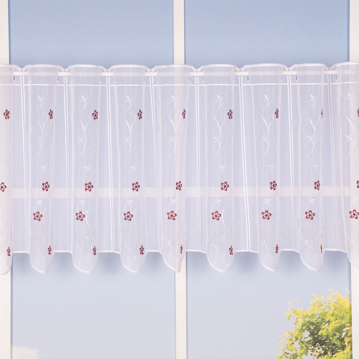Meterware Scheibengardine nähfrei Stickerei Blüten weiß rot 45cm, SCHÖNER LEBEN., leicht perforiert, Stickerei/Stickstoff, bestickt, pflegeleicht