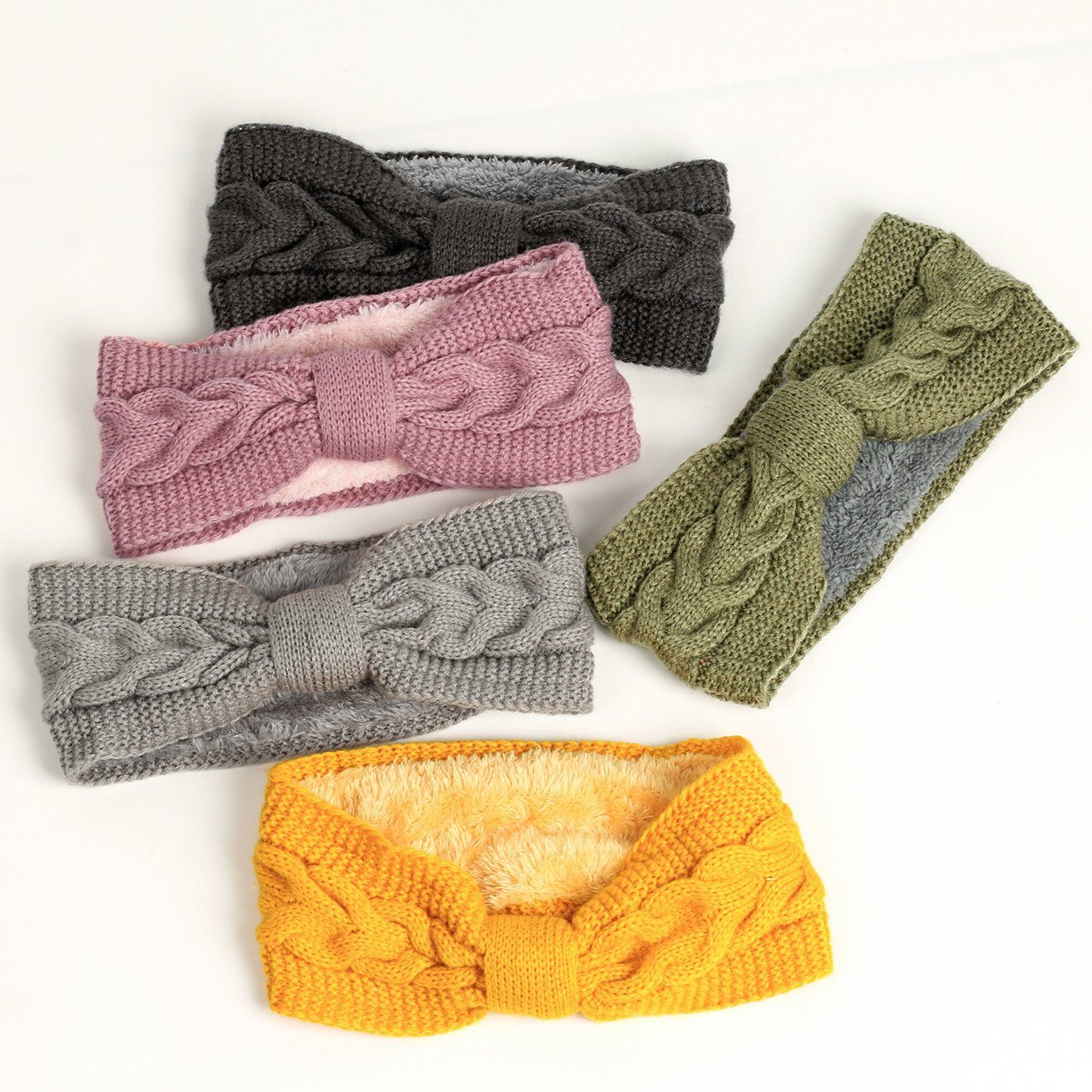 HOHEA H Haarband Zopfmuster-Stirnband mit Schleife für Damen, 1-tlg., Gestricktes Stirnband für Mädchen, Ohrenwärmer, weich, Gestricktes Stirnband mit Plüschfutter für den Herbst