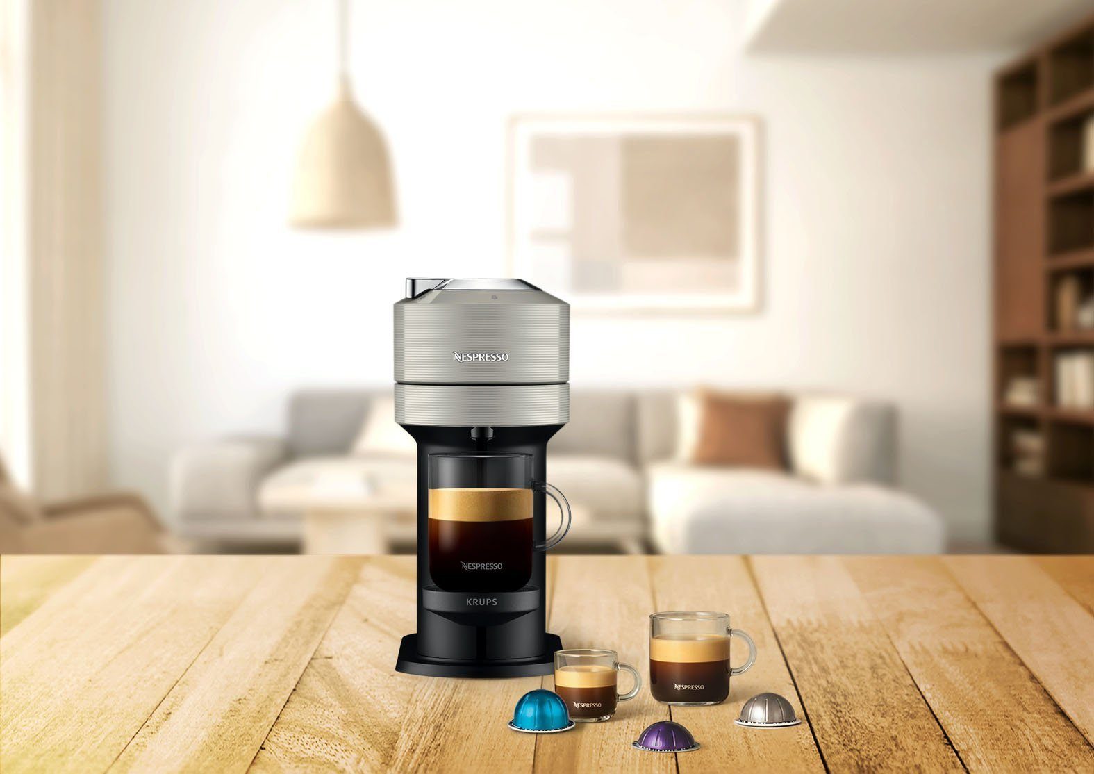 Krups Kapselmaschine XN910B Vertuo Next, 1,1 L Wassertank, Kapselerkennung durch Barcode, 6 Tassengrößen, Power-Off Funktion + 2 Guzzini Espresso Tassen